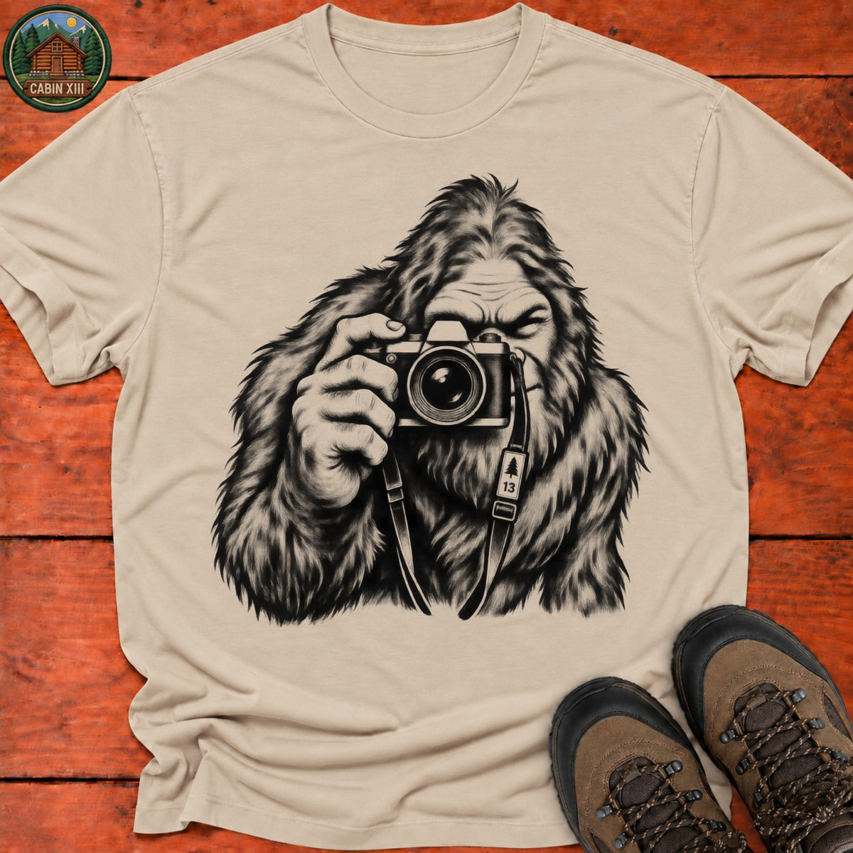 Bigfoot Camera T-Shirt — Sand