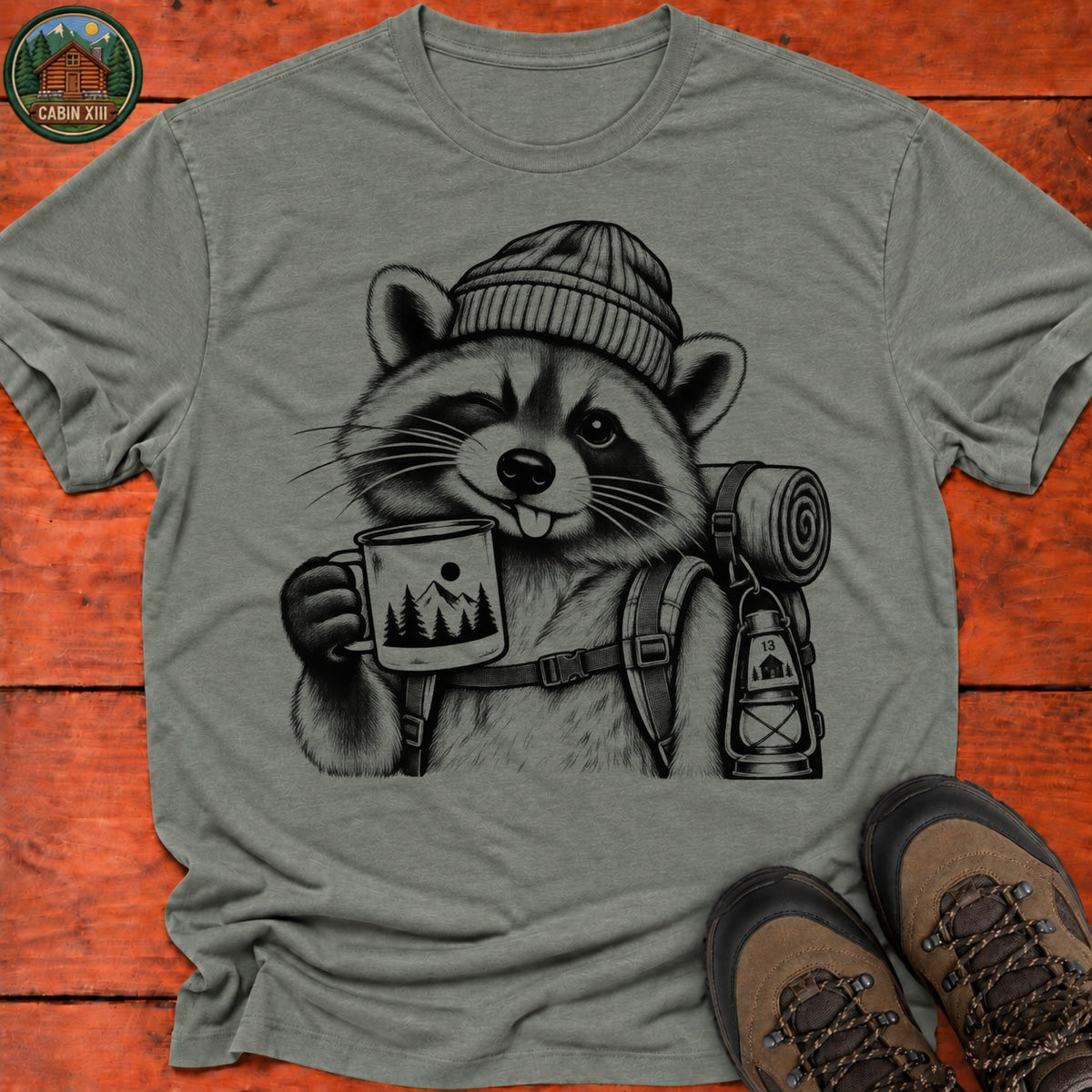Raccoon In A Beanie T-Shirt — Heather Military Green