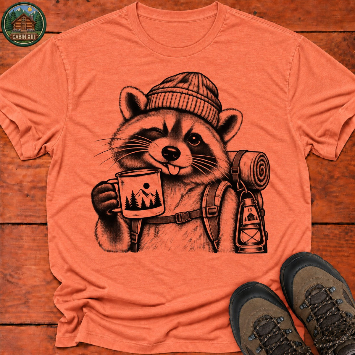 Raccoon In A Beanie T-Shirt — Heather Orange