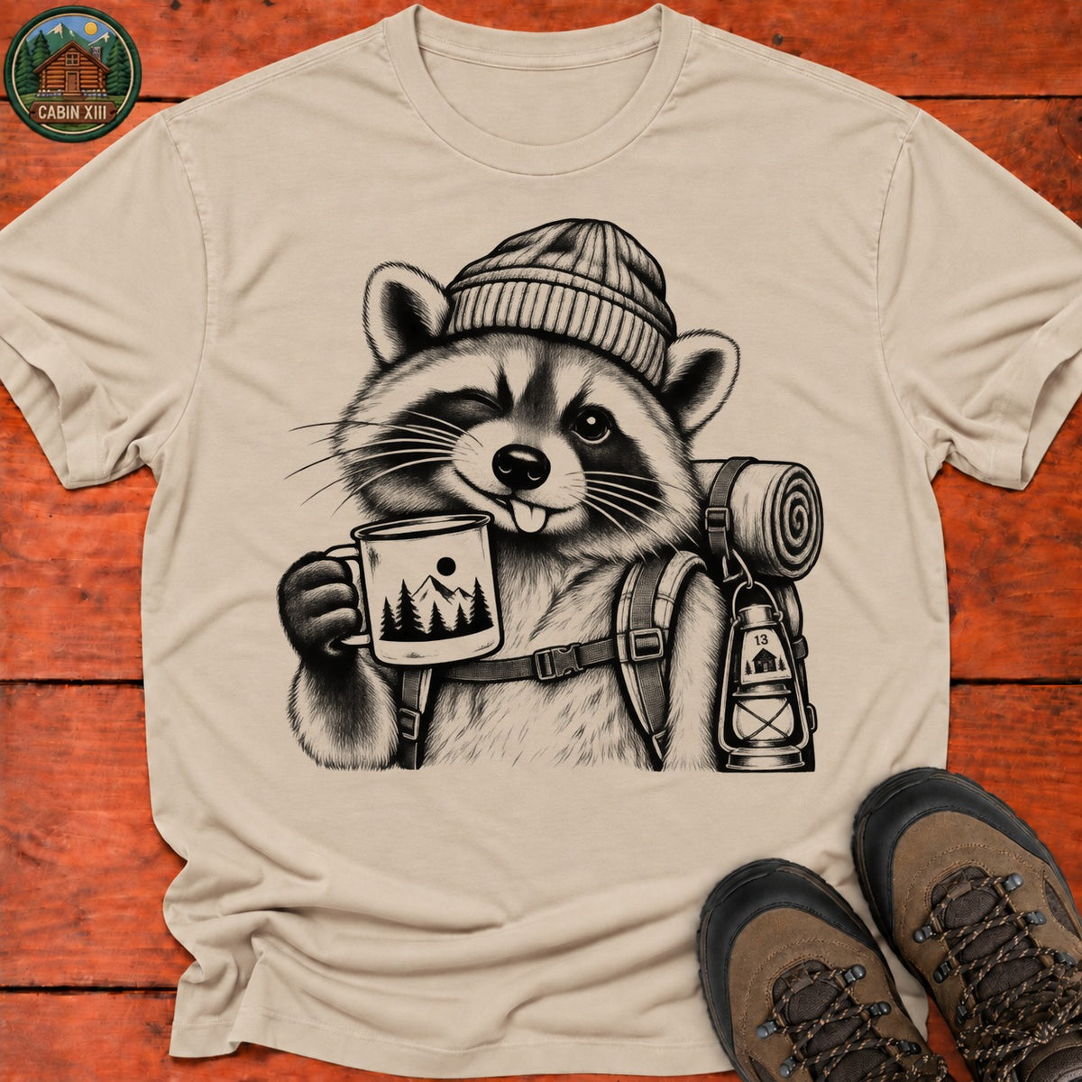Raccoon In A Beanie T-Shirt — Sand