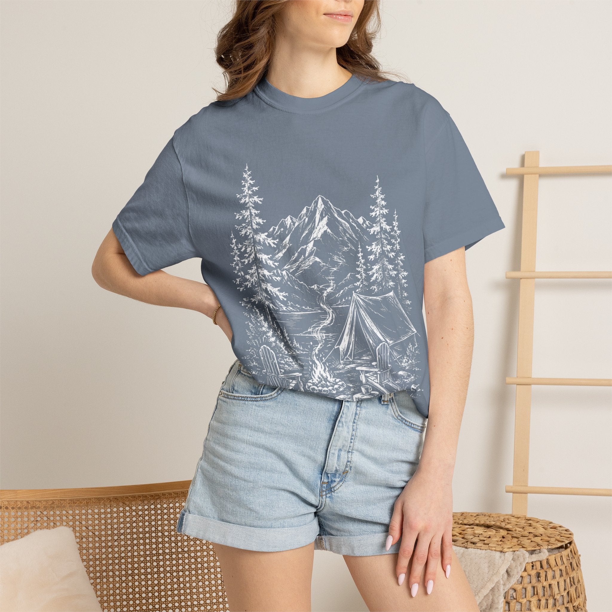 Campsite Sketch — Vintage Mountain Camp Scene Outdoor Tee