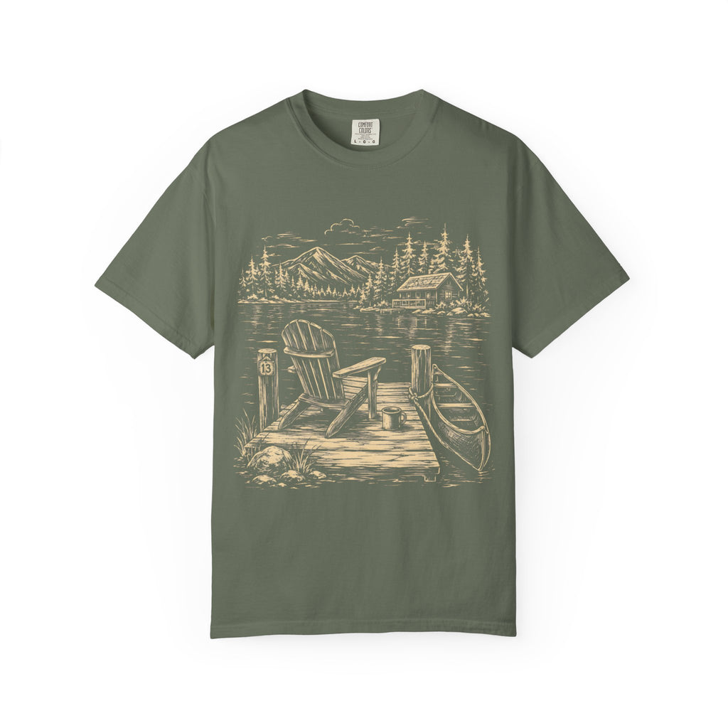 Lakeside Dock — Vintage Lake Cabin and Canoe Sketch Tee