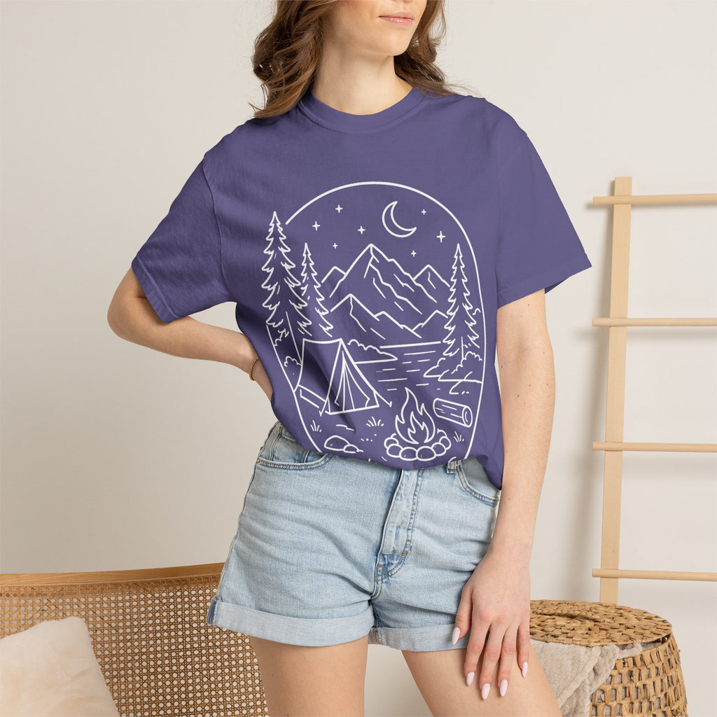Mountain Campsite Night Scene Shirt — Cream Ink Camping Tee