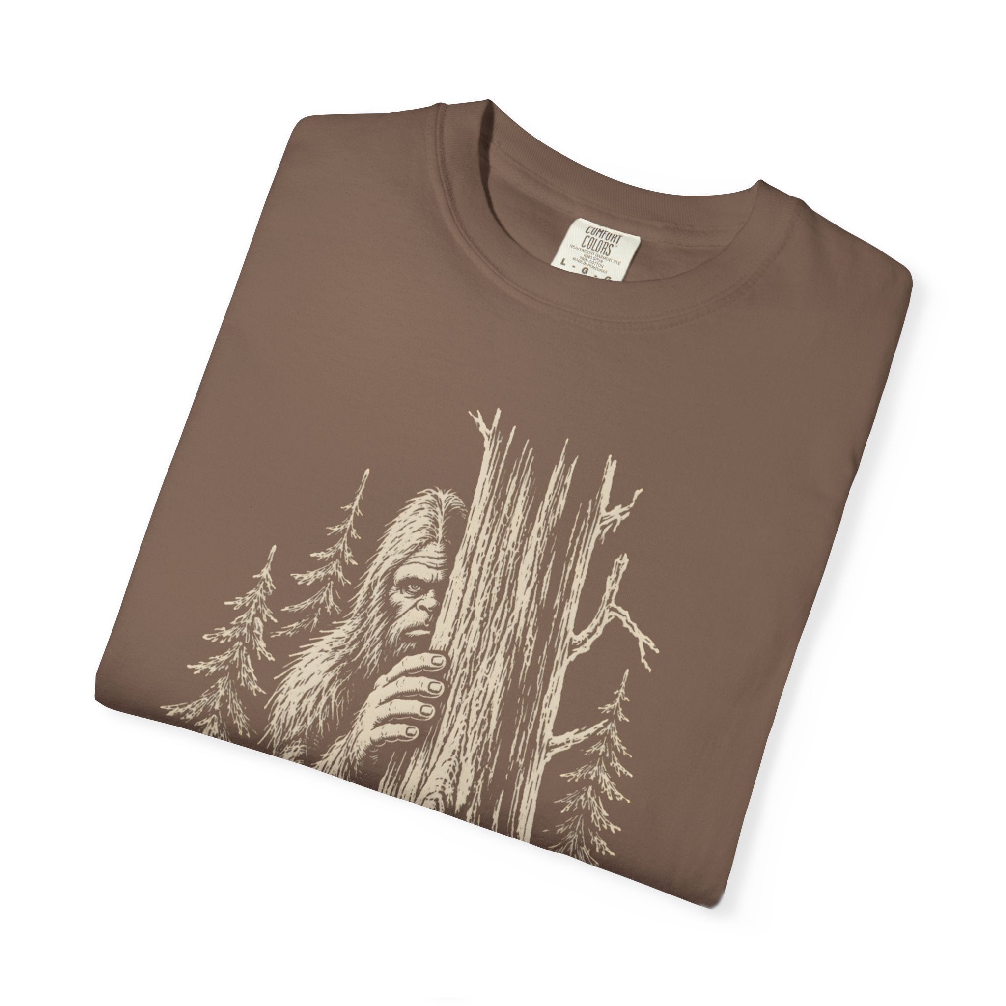 Bigfoot Hiding — Vintage Sasquatch Forest Sketch Tee