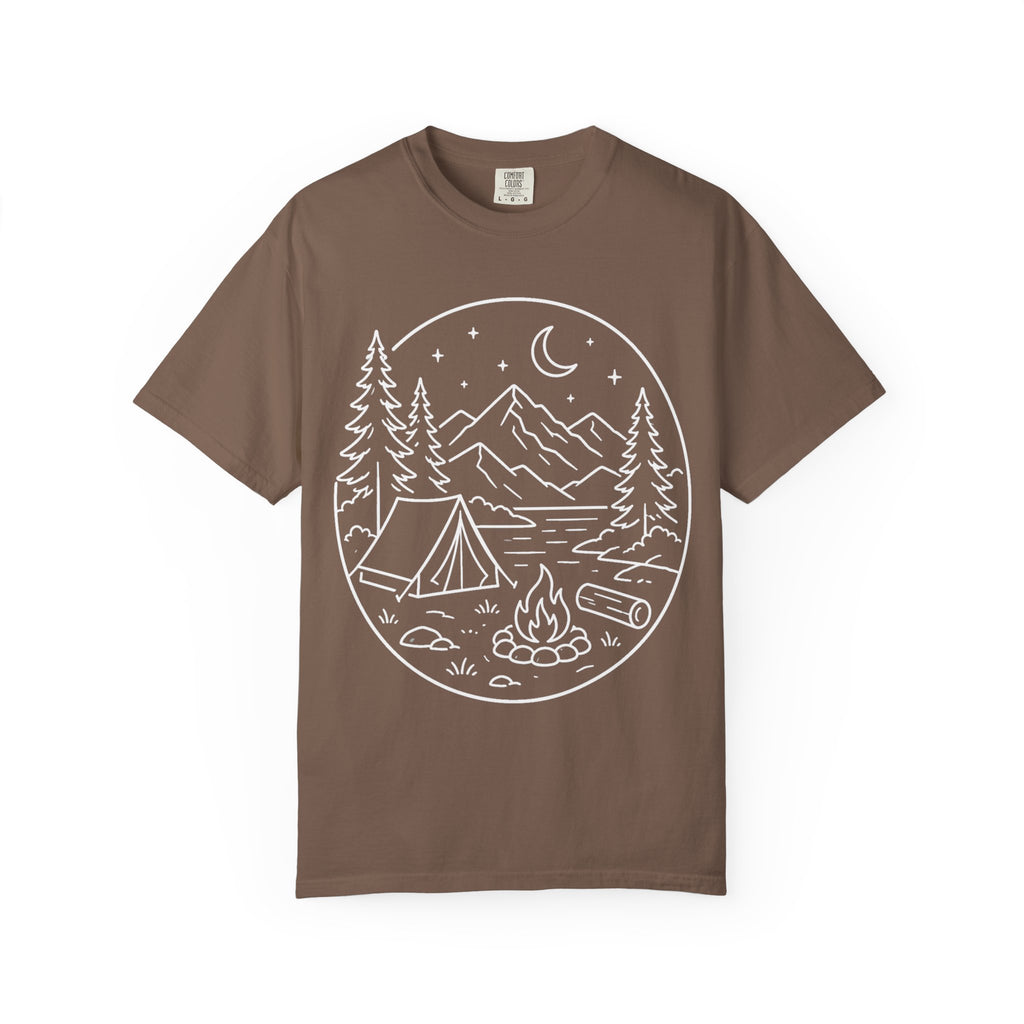 Mountain Campsite Night Scene Shirt — Cream Ink Camping Tee