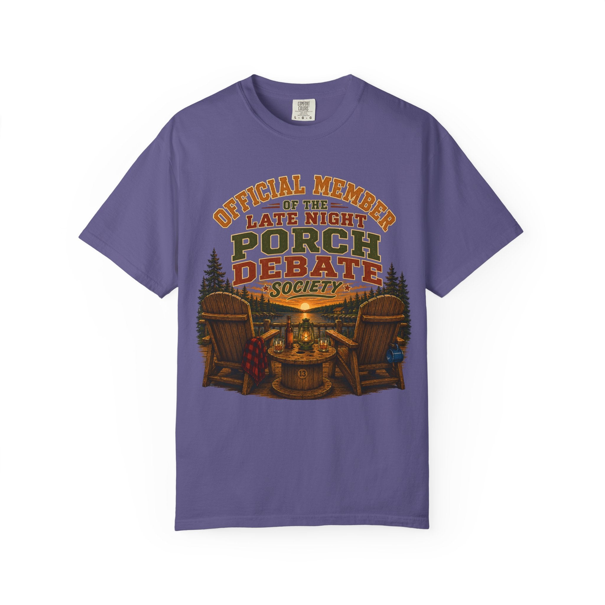 Late Night Porch Debate Society — Funny Lake Cabin Camping Tee