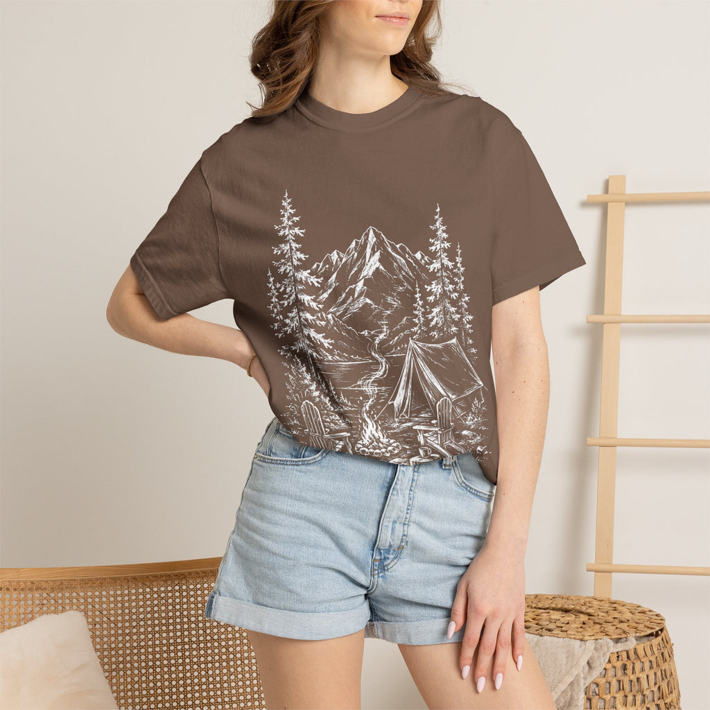 Campsite Sketch — Vintage Mountain Camp Scene Outdoor Tee