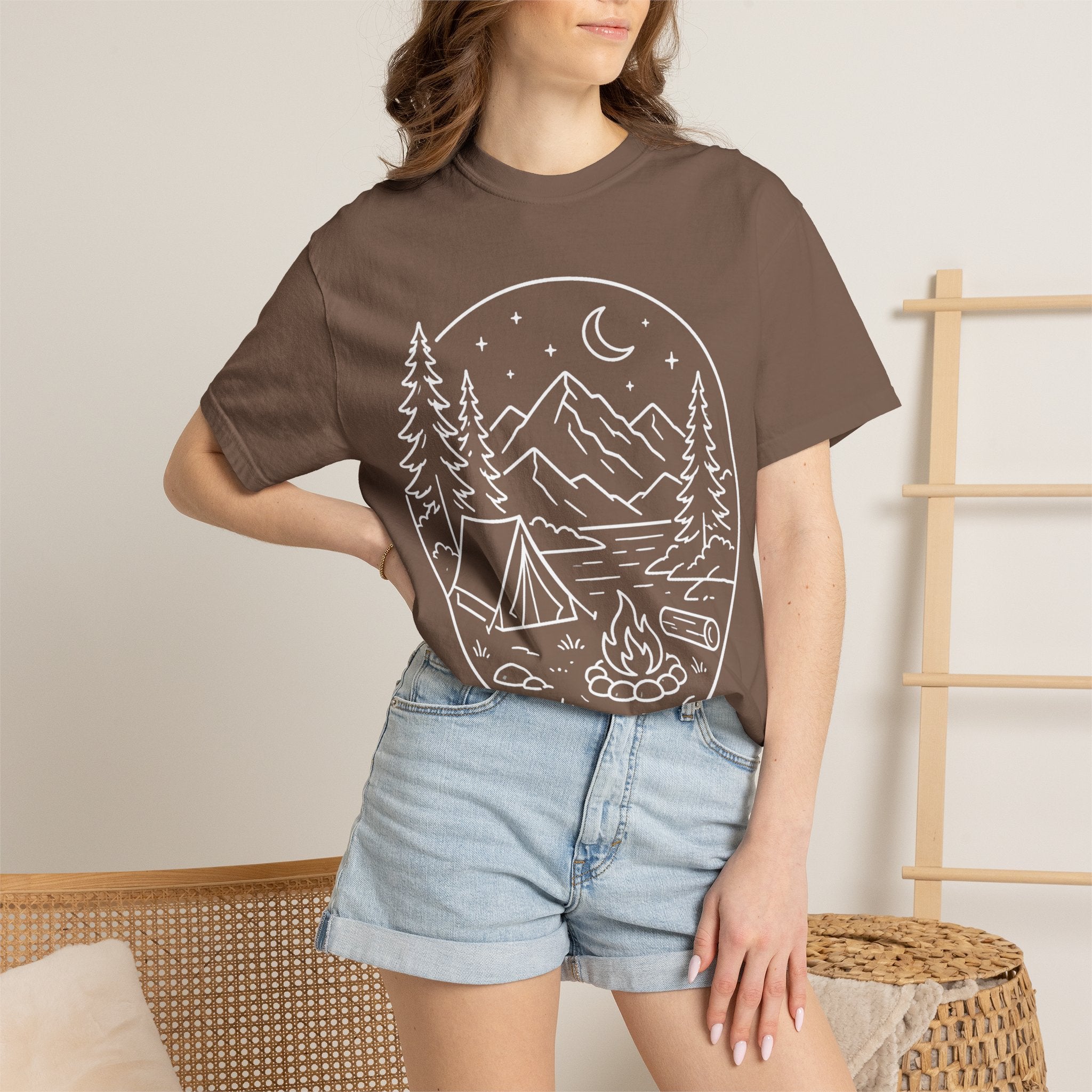 Mountain Campsite Night Scene Shirt — Cream Ink Camping Tee