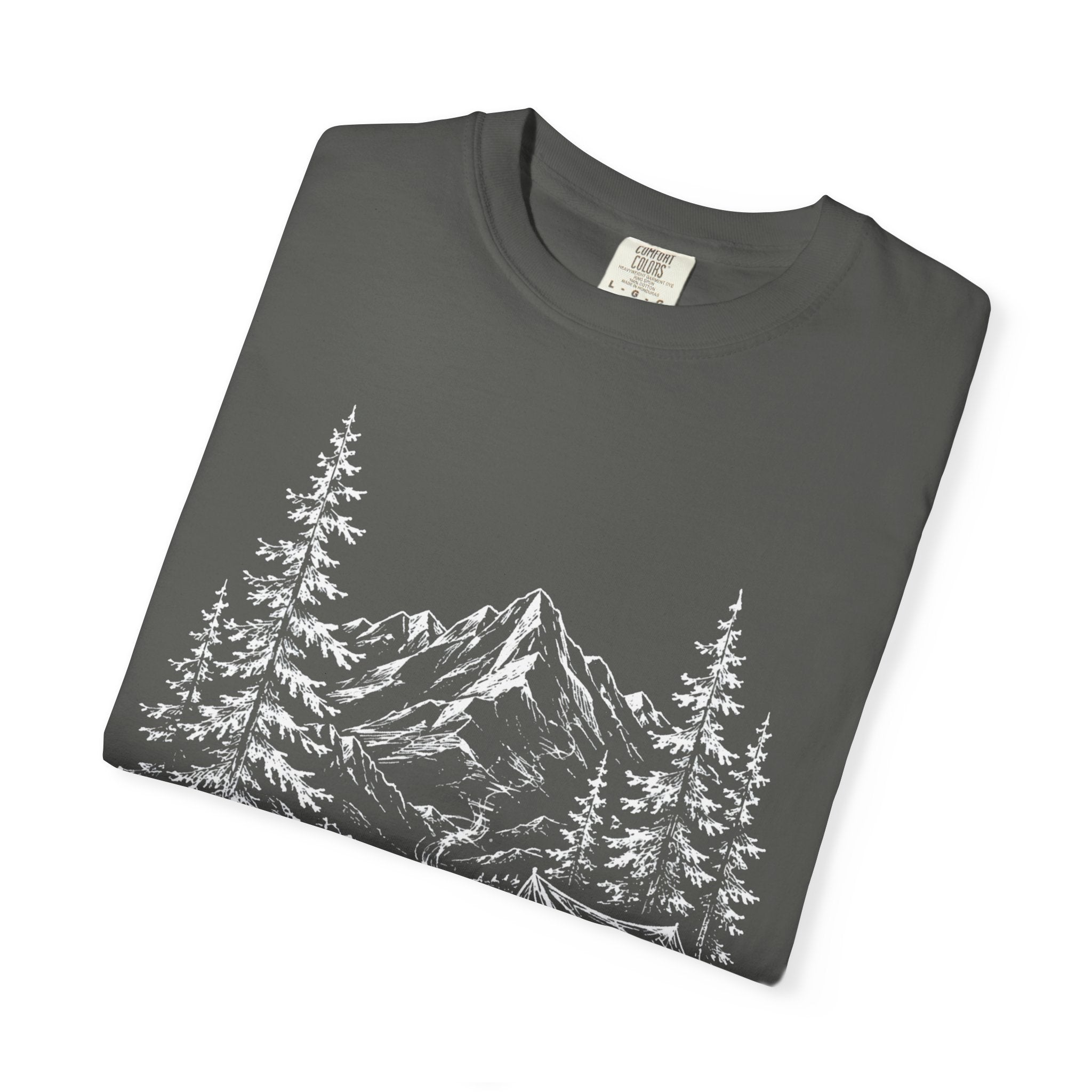Campsite Sketch — Vintage Mountain Camp Scene Outdoor Tee