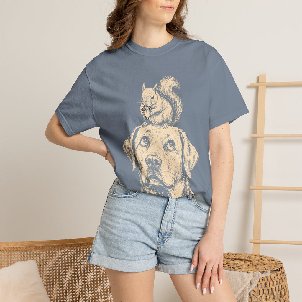 Dog and Squirrel — Vintage Sketch Outdoor Dog Tee