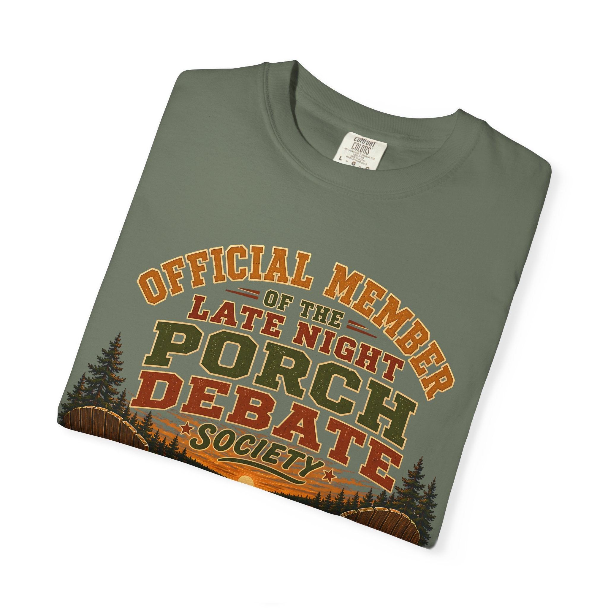 Late Night Porch Debate Society — Funny Lake Cabin Camping Tee