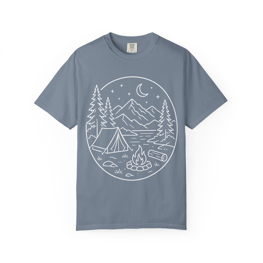 Mountain Campsite Night Scene Shirt — Cream Ink Camping Tee