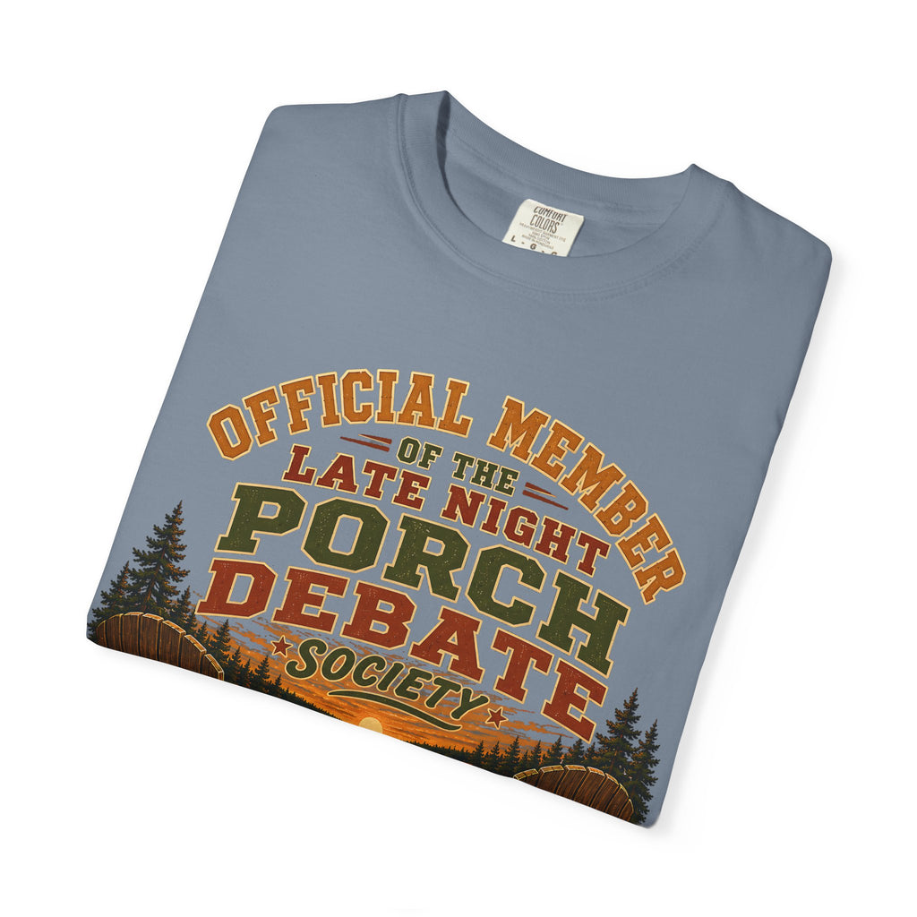 Late Night Porch Debate Society — Funny Lake Cabin Camping Tee
