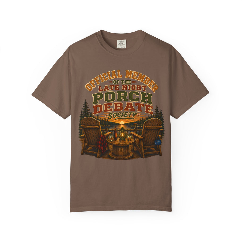 Late Night Porch Debate Society — Funny Lake Cabin Camping Tee