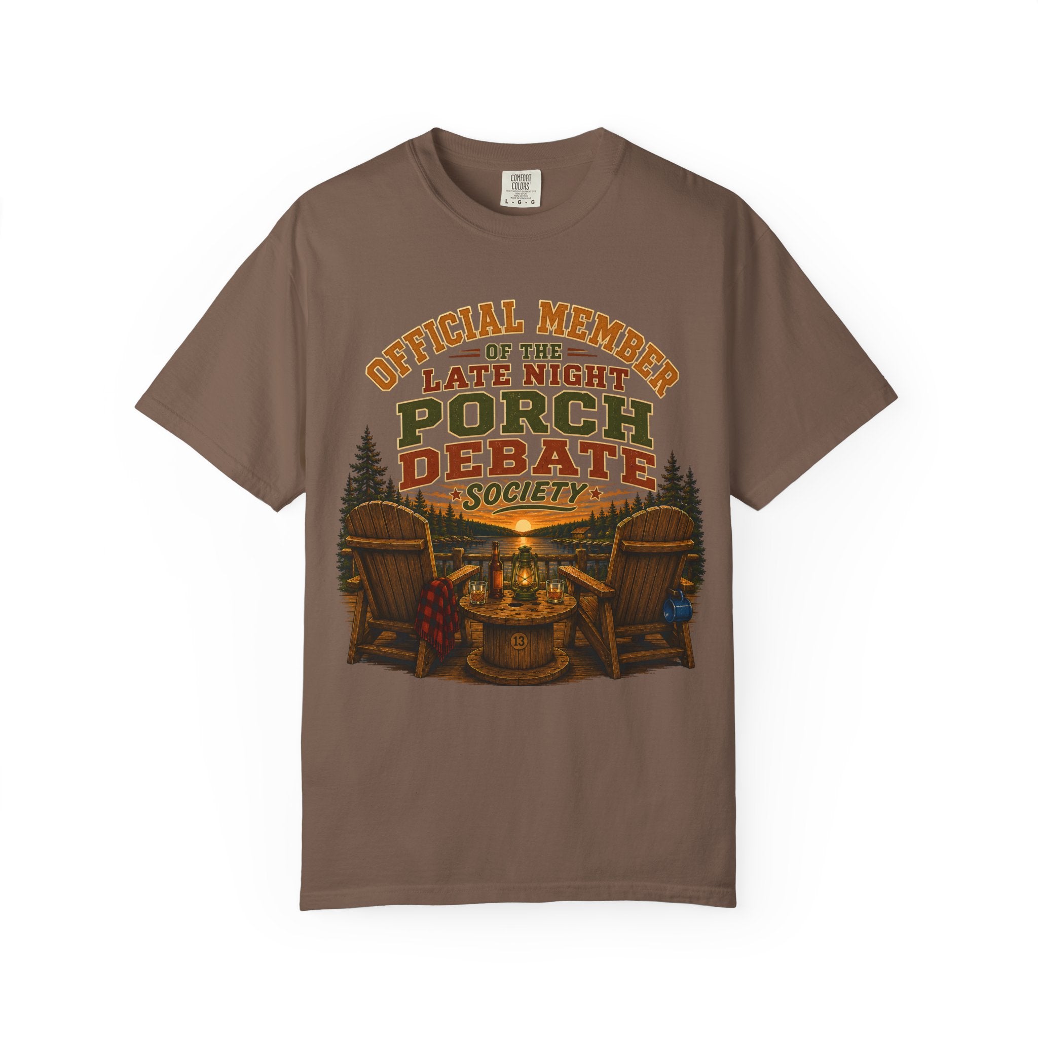 Late Night Porch Debate Society — Funny Lake Cabin Camping Tee