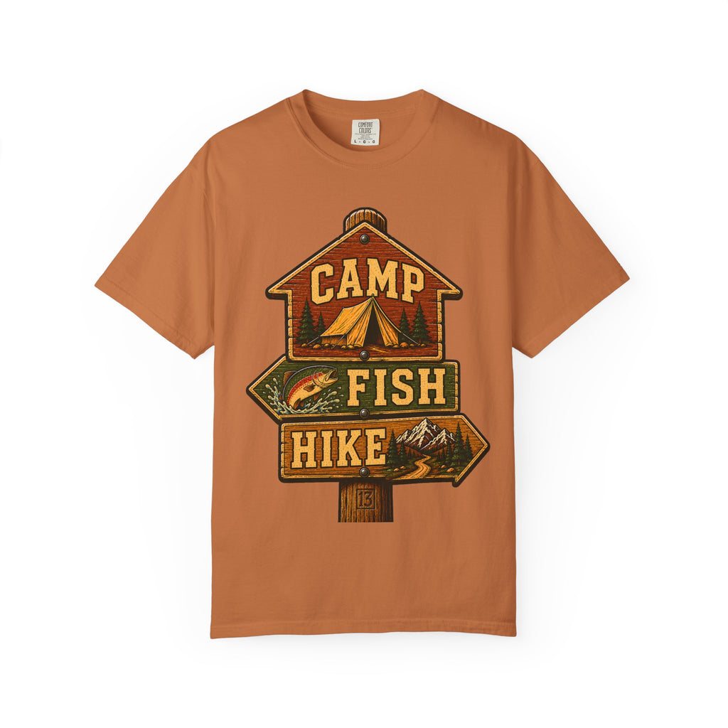 Camp Fish Hike — Vintage Trailhead Sign Outdoor Tee