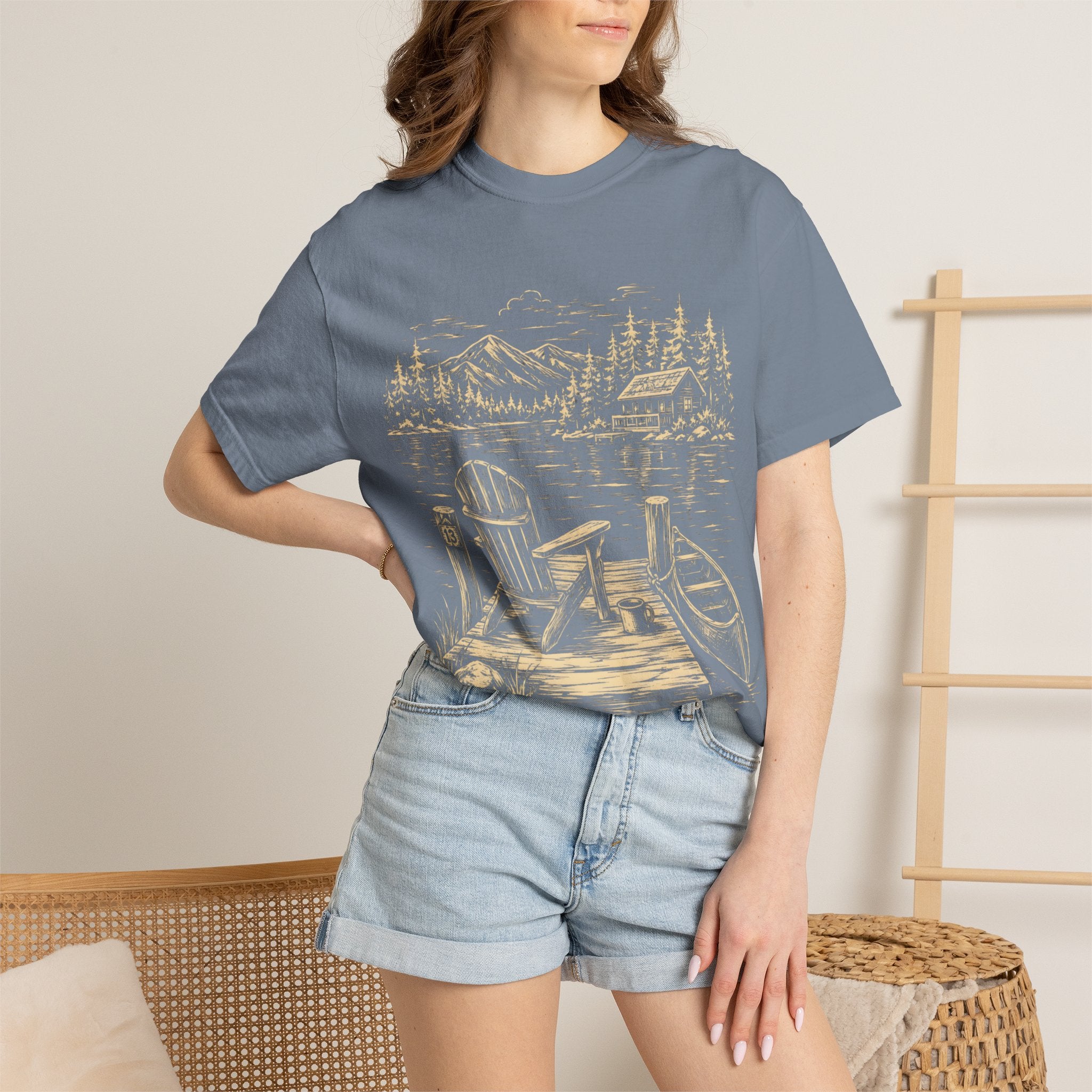 Lakeside Dock — Vintage Lake Cabin and Canoe Sketch Tee