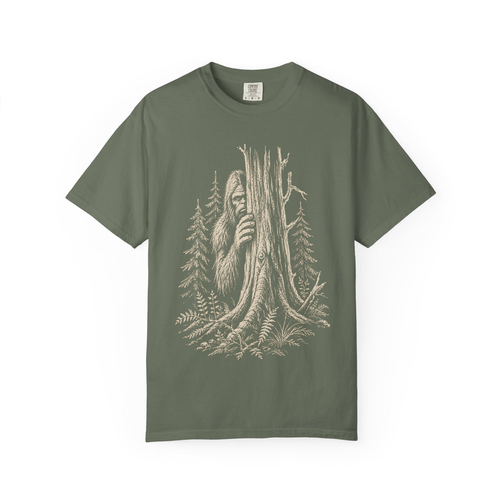 Bigfoot Hiding — Vintage Sasquatch Forest Sketch Tee
