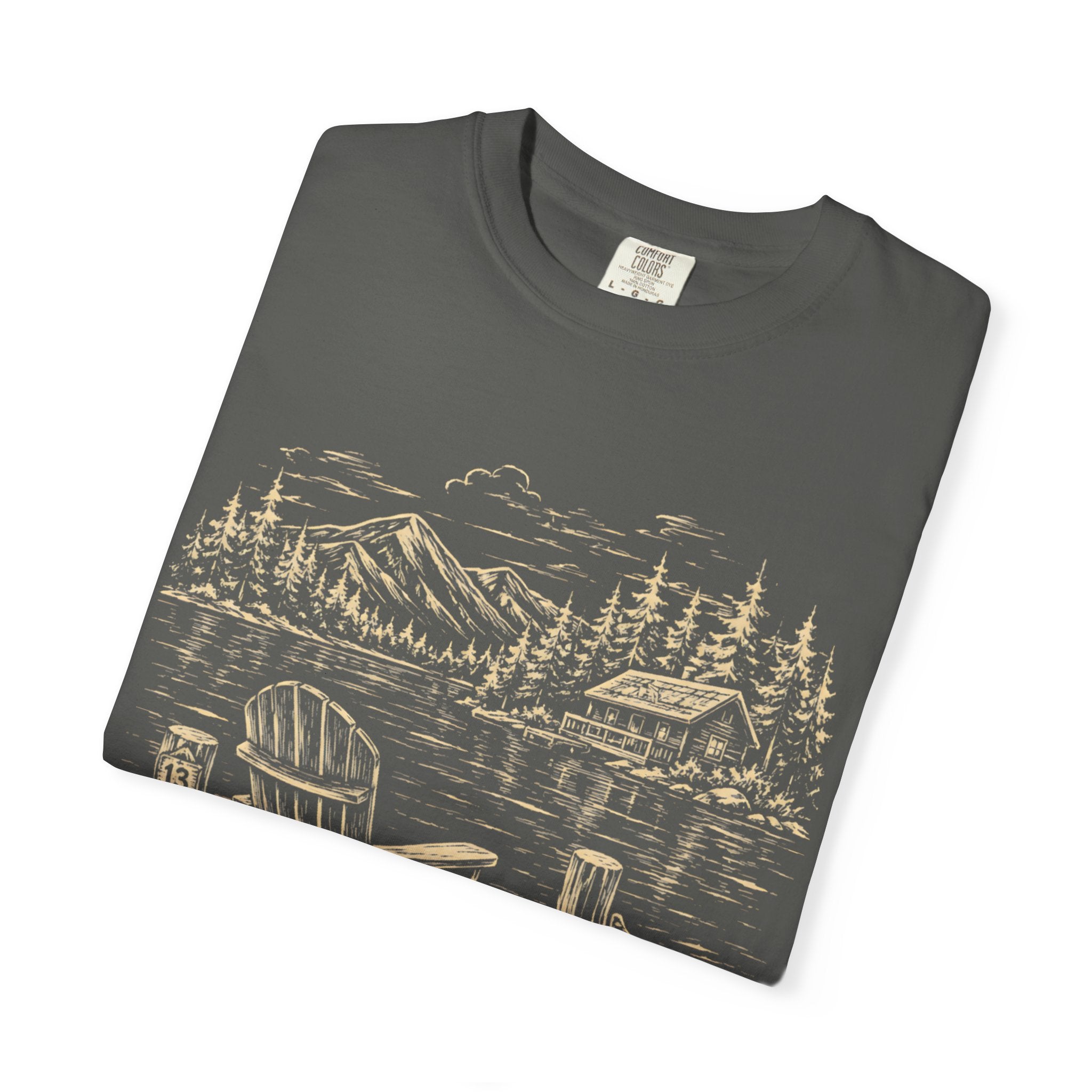 Lakeside Dock — Vintage Lake Cabin and Canoe Sketch Tee