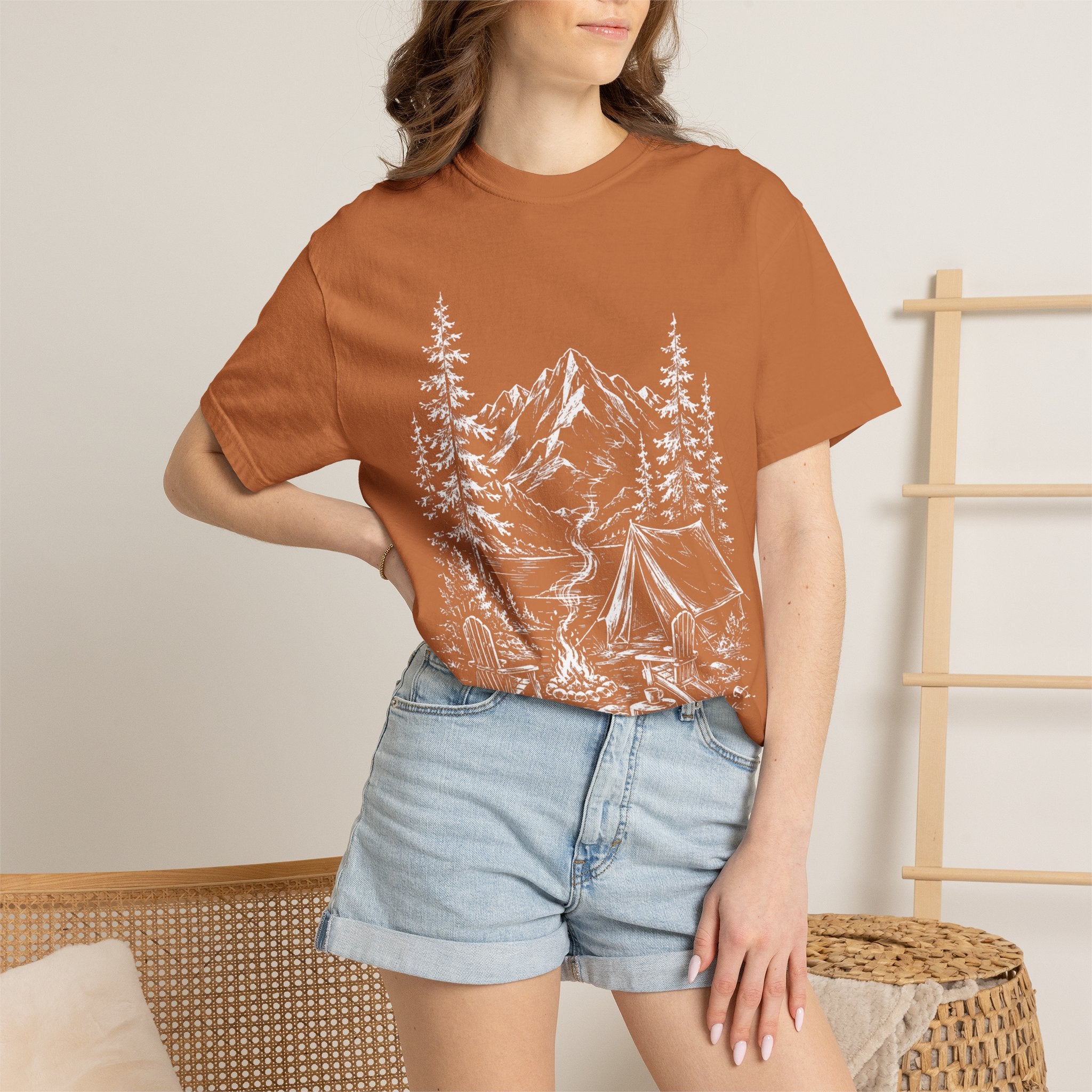 Campsite Sketch — Vintage Mountain Camp Scene Outdoor Tee