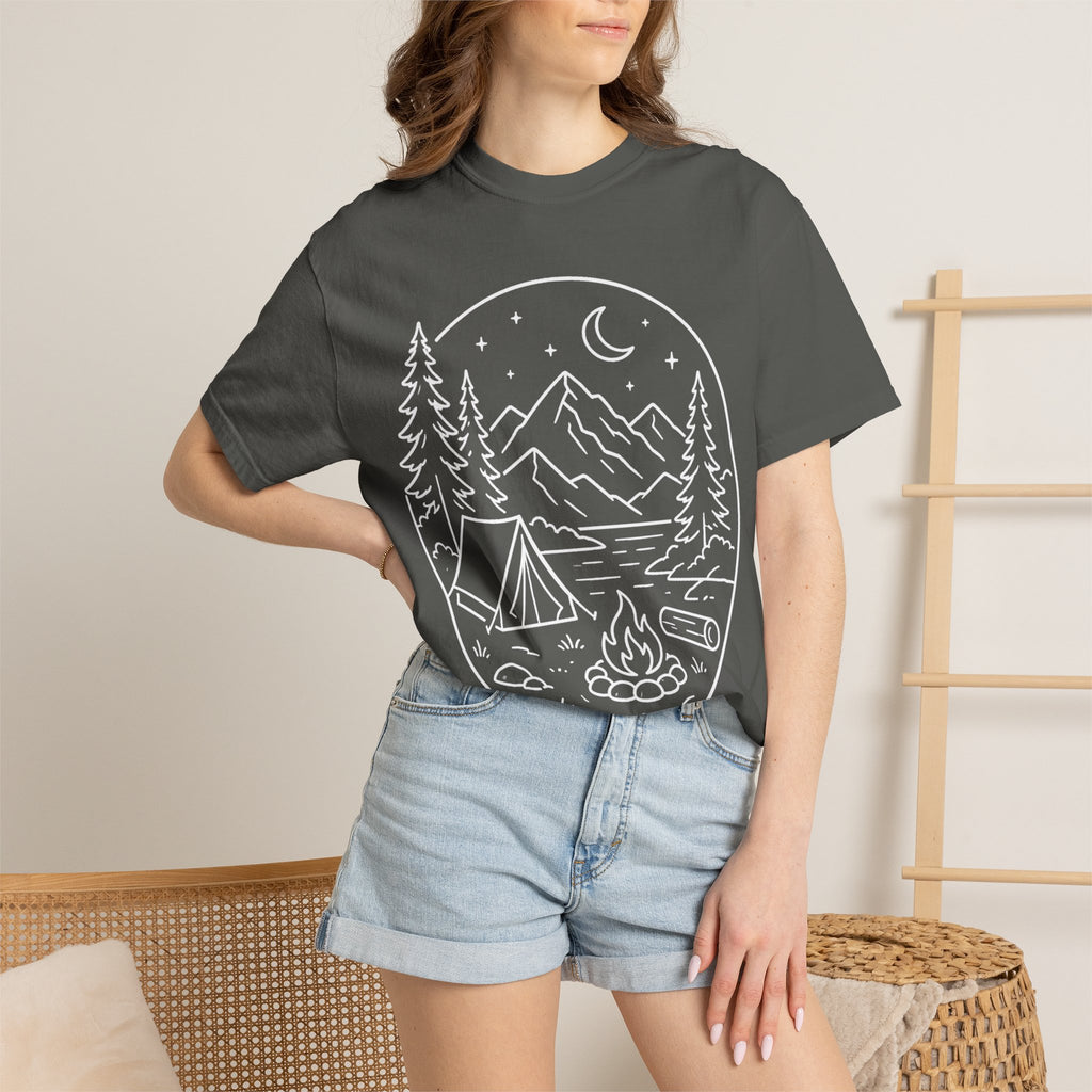 Mountain Campsite Night Scene Shirt — Cream Ink Camping Tee