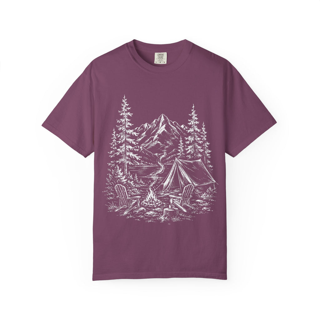 Campsite Sketch — Vintage Mountain Camp Scene Outdoor Tee