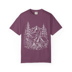 Campsite Sketch — Vintage Mountain Camp Scene Outdoor Tee