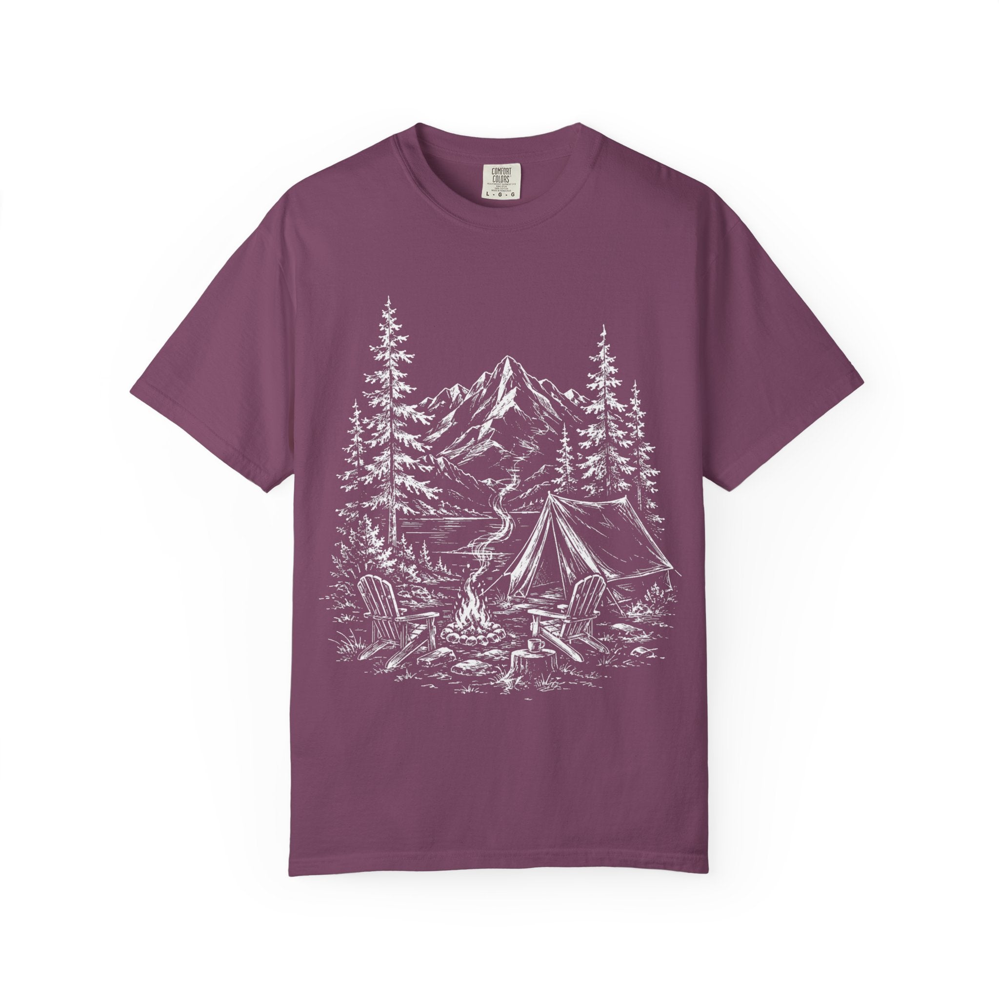 Campsite Sketch — Vintage Mountain Camp Scene Outdoor Tee