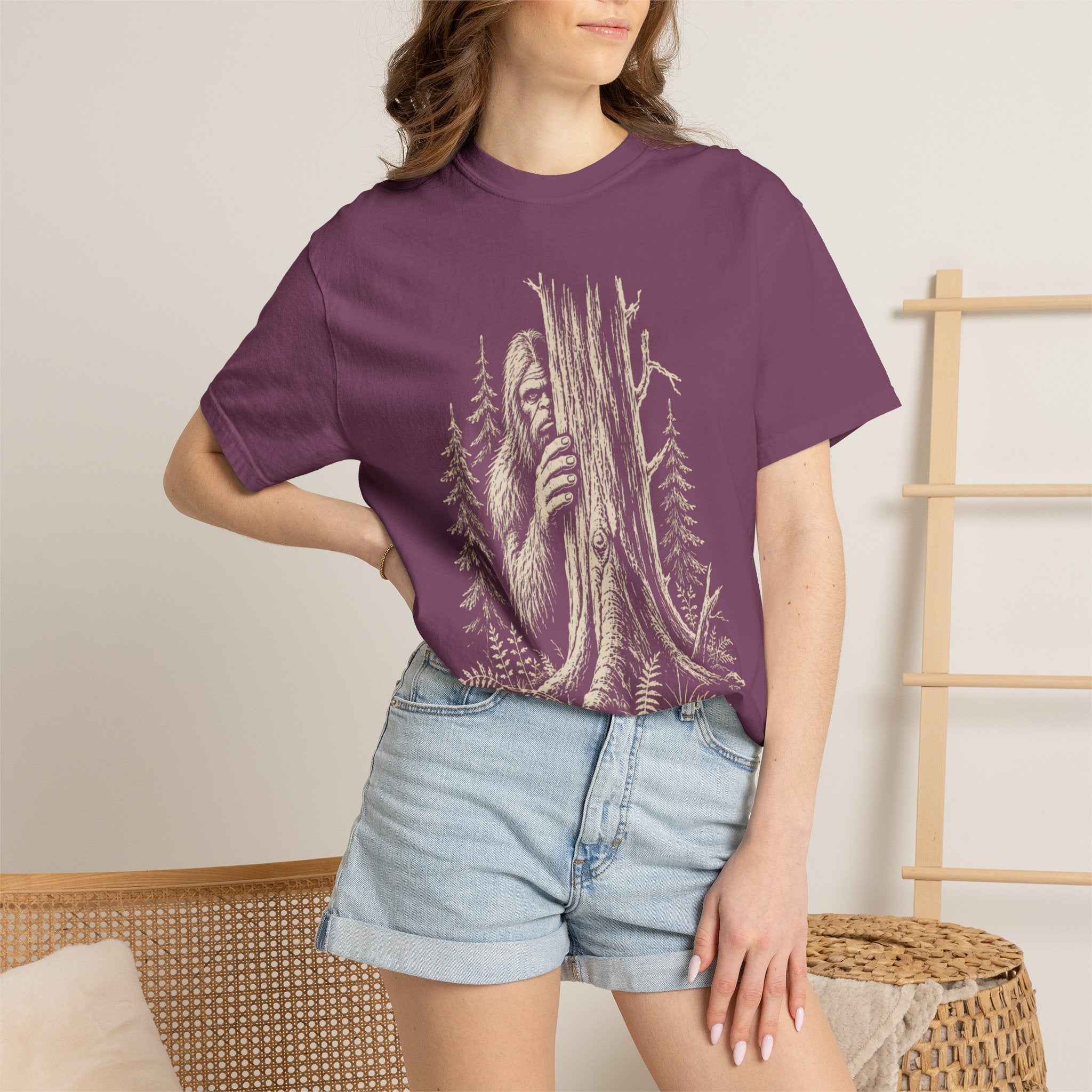 Bigfoot Hiding — Vintage Sasquatch Forest Sketch Tee