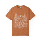 Campsite Sketch — Vintage Mountain Camp Scene Outdoor Tee