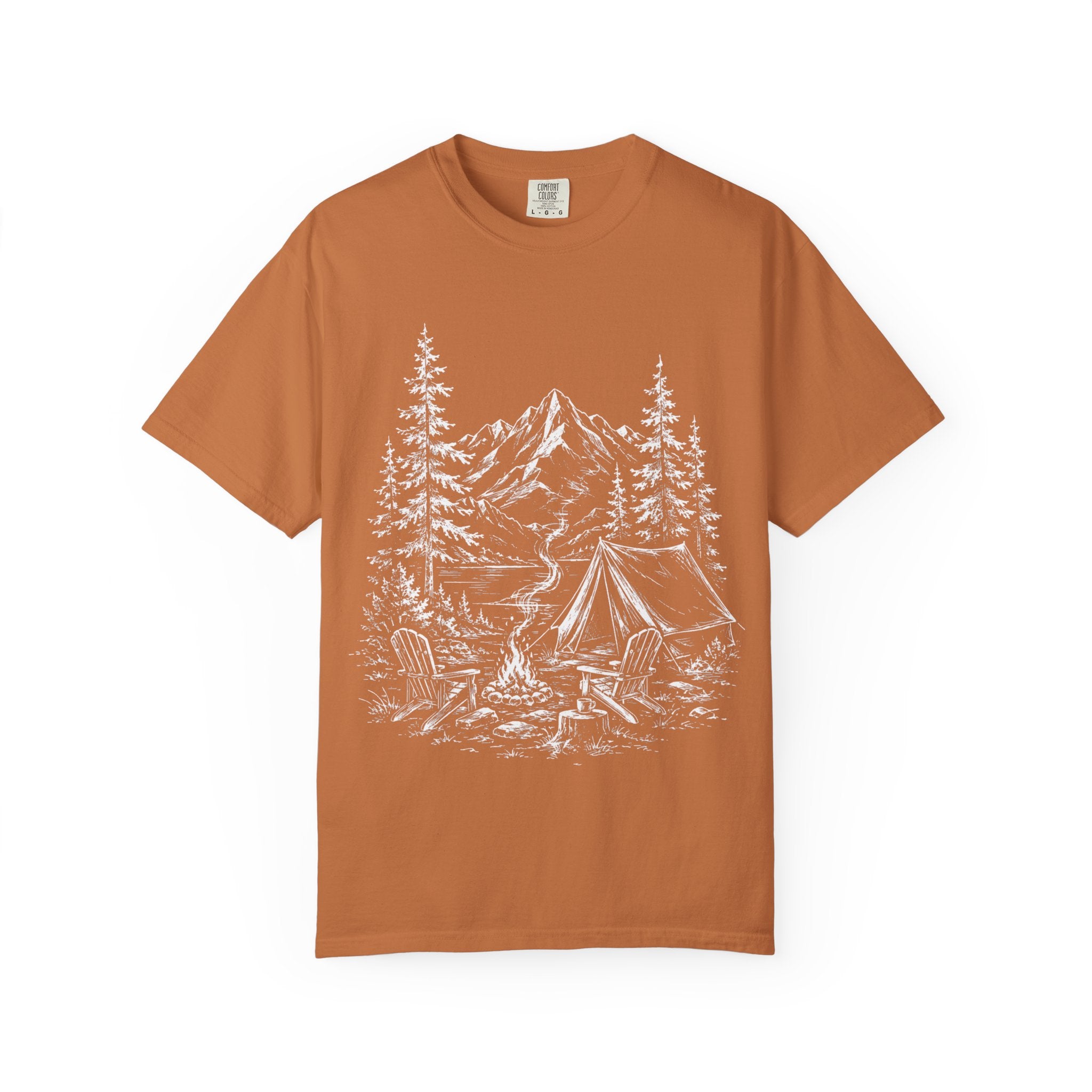 Campsite Sketch — Vintage Mountain Camp Scene Outdoor Tee