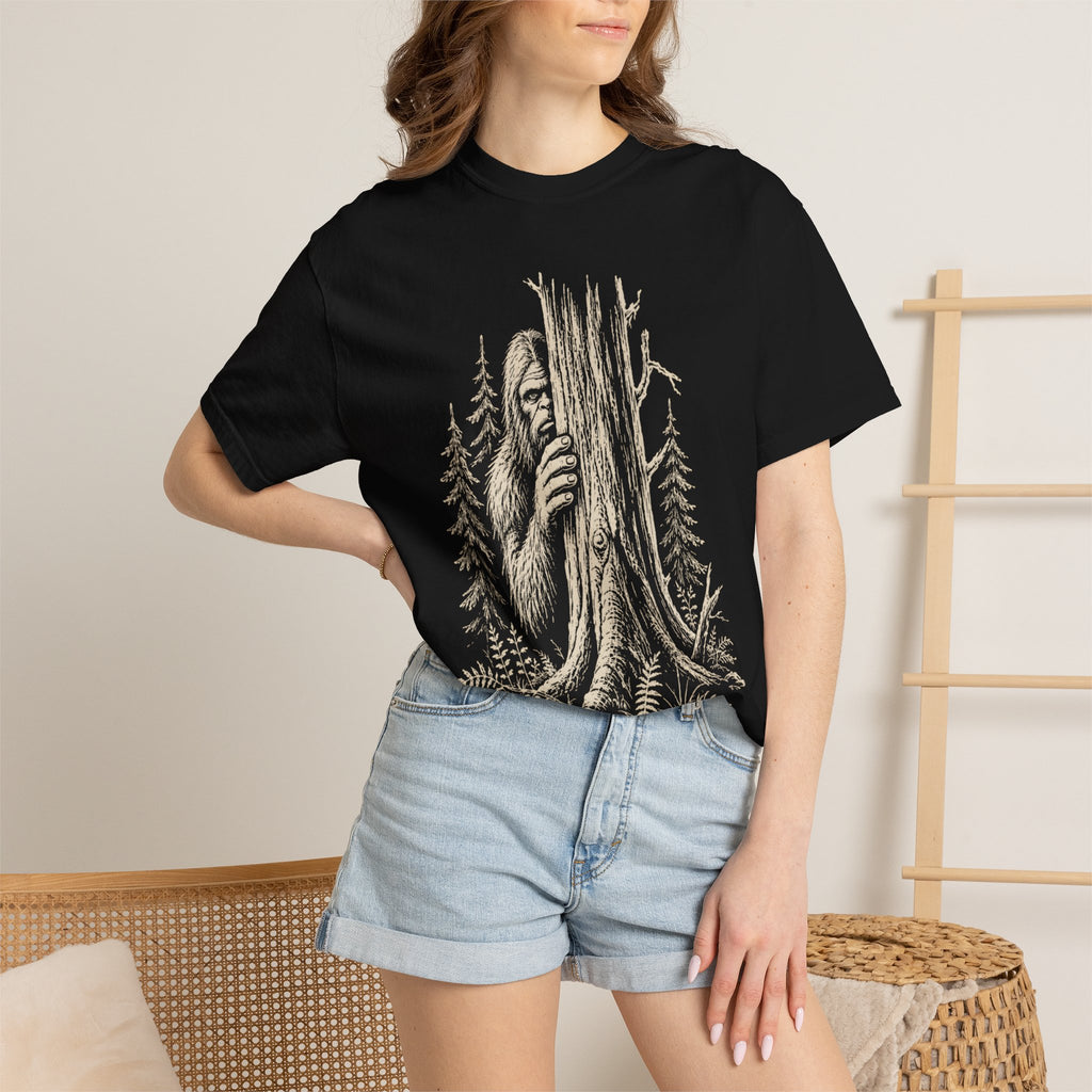 Bigfoot Hiding — Vintage Sasquatch Forest Sketch Tee