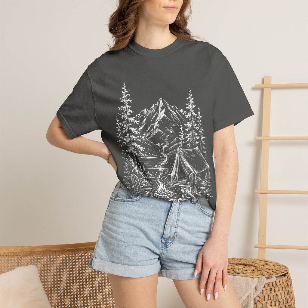 Campsite Sketch — Vintage Mountain Camp Scene Outdoor Tee