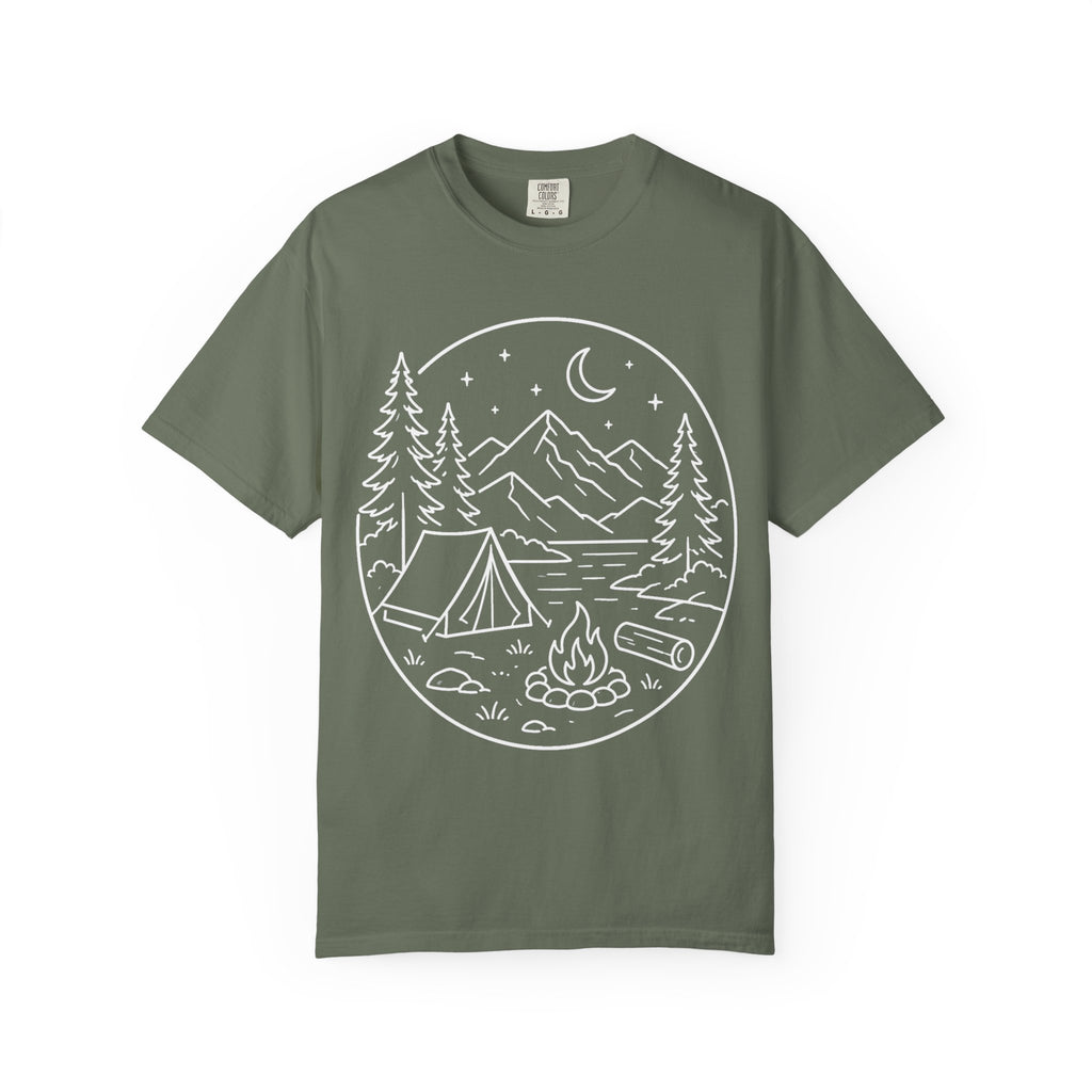 Mountain Campsite Night Scene Shirt — Cream Ink Camping Tee