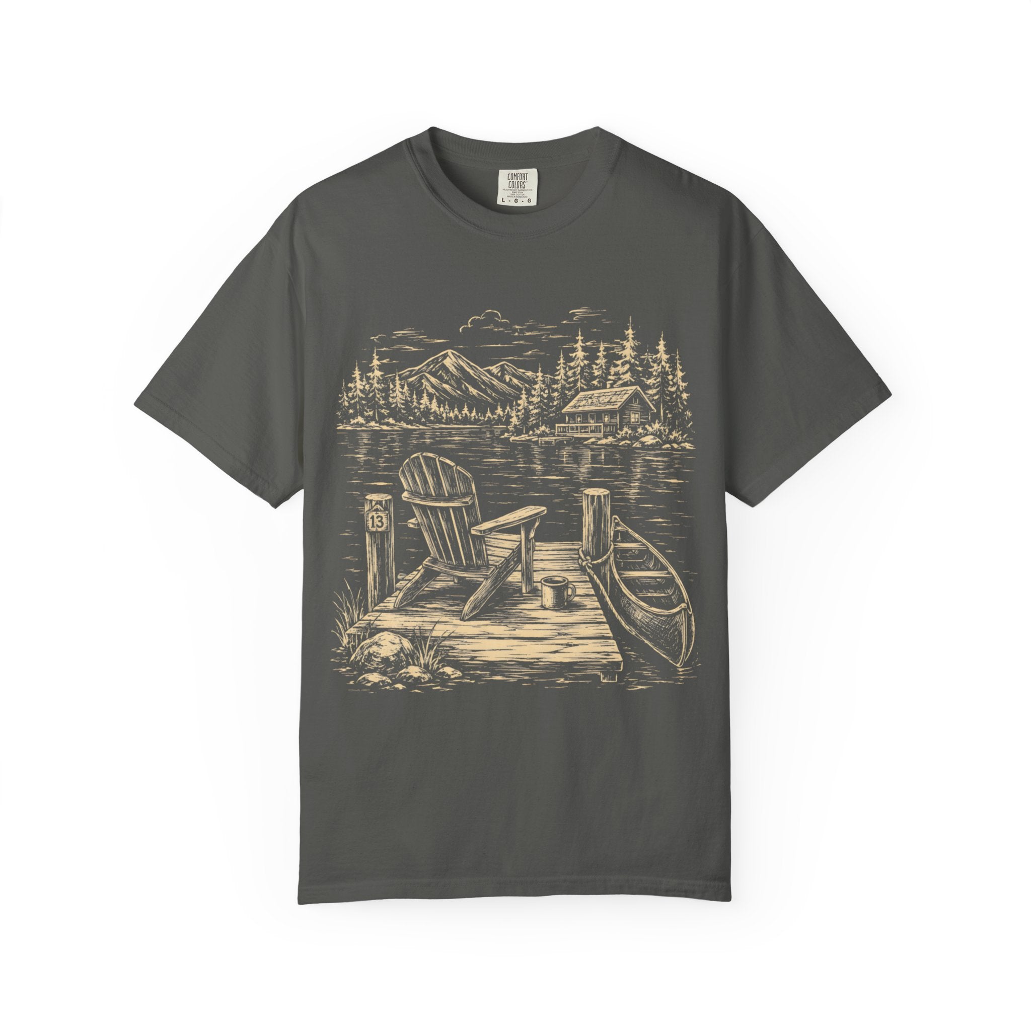 Lakeside Dock — Vintage Lake Cabin and Canoe Sketch Tee