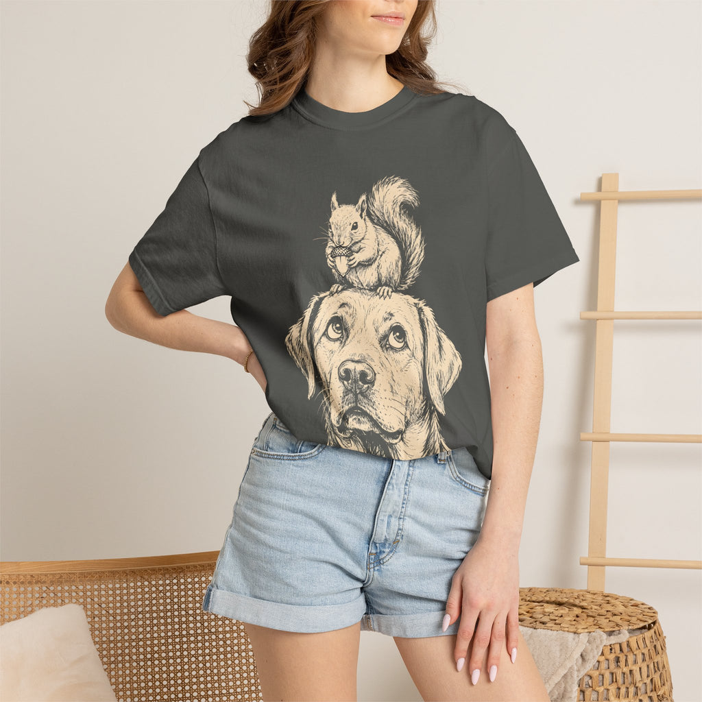Dog and Squirrel — Vintage Sketch Outdoor Dog Tee