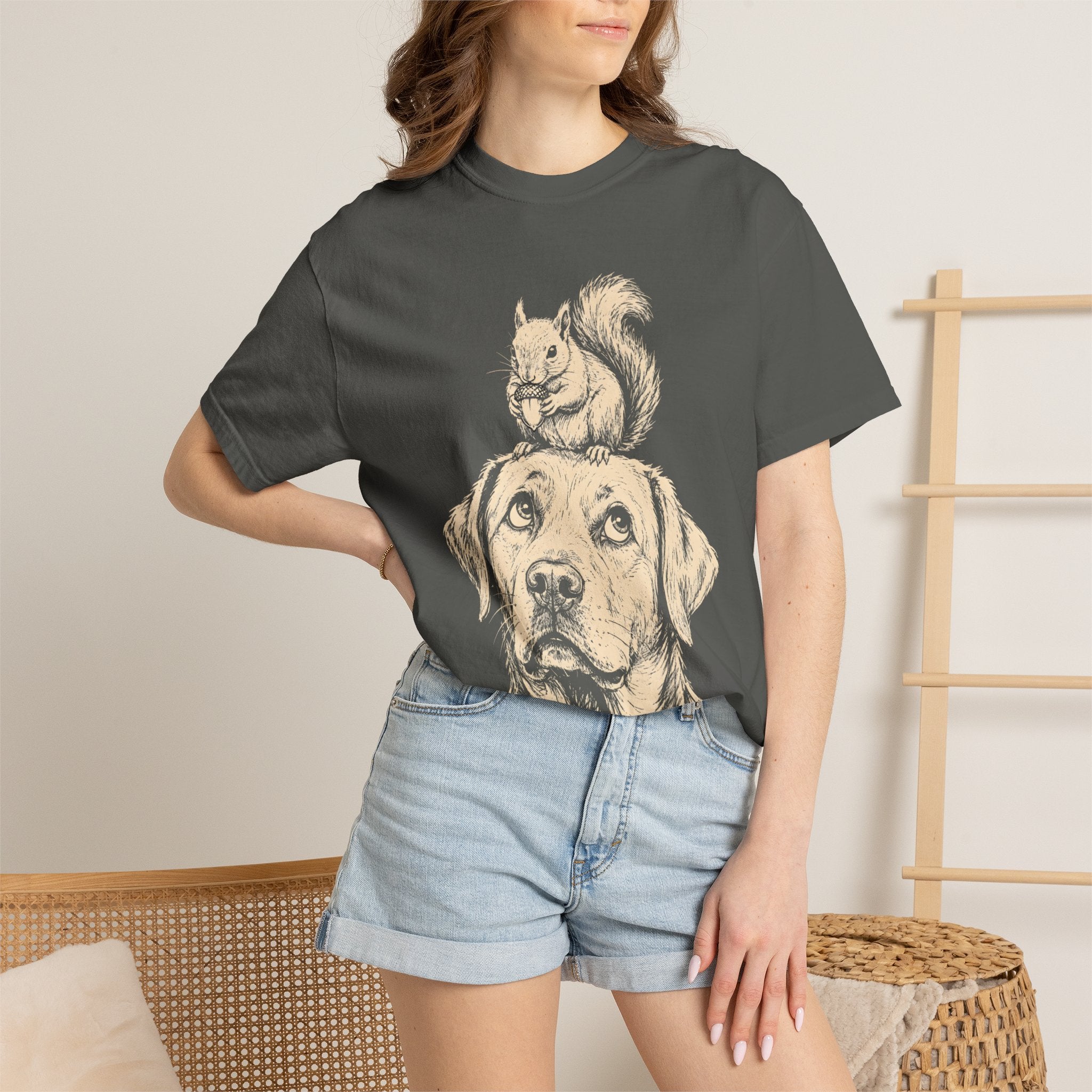 Dog and Squirrel — Vintage Sketch Outdoor Dog Tee