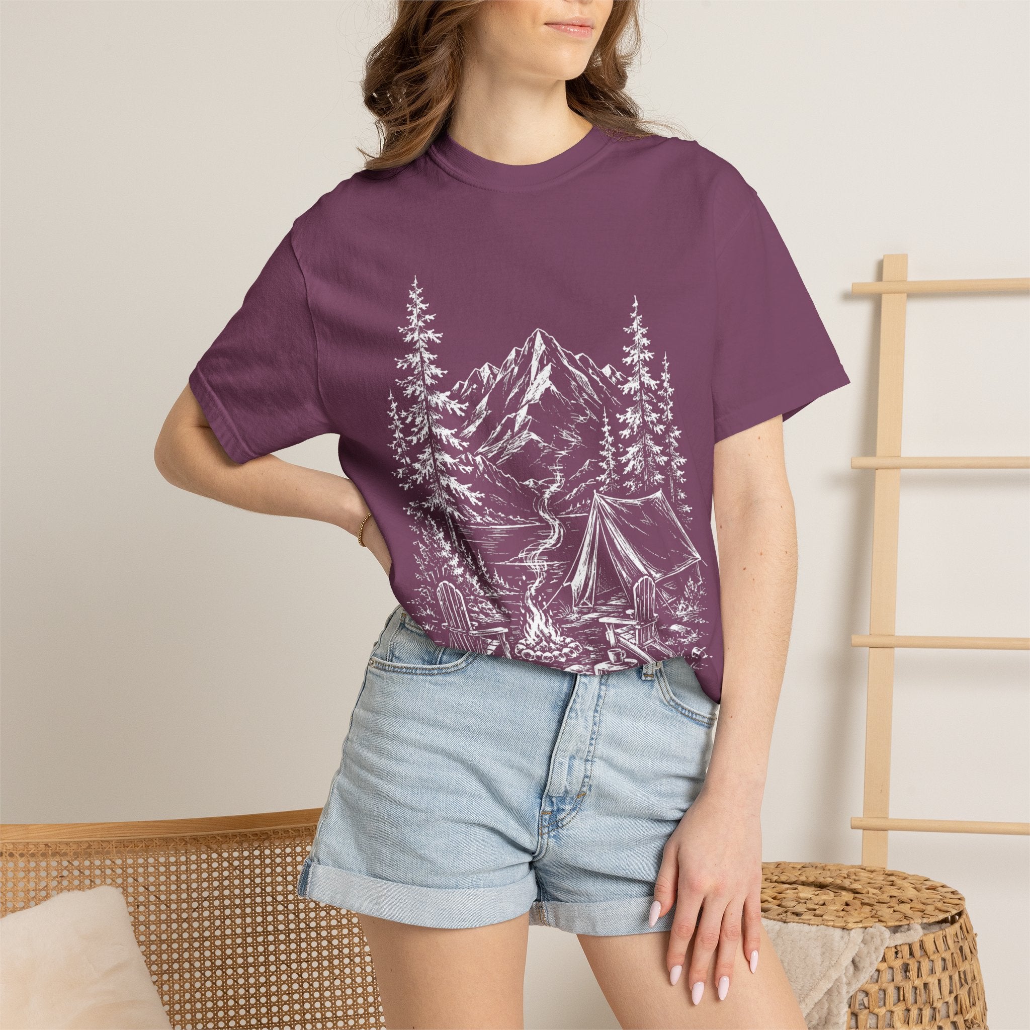 Campsite Sketch — Vintage Mountain Camp Scene Outdoor Tee