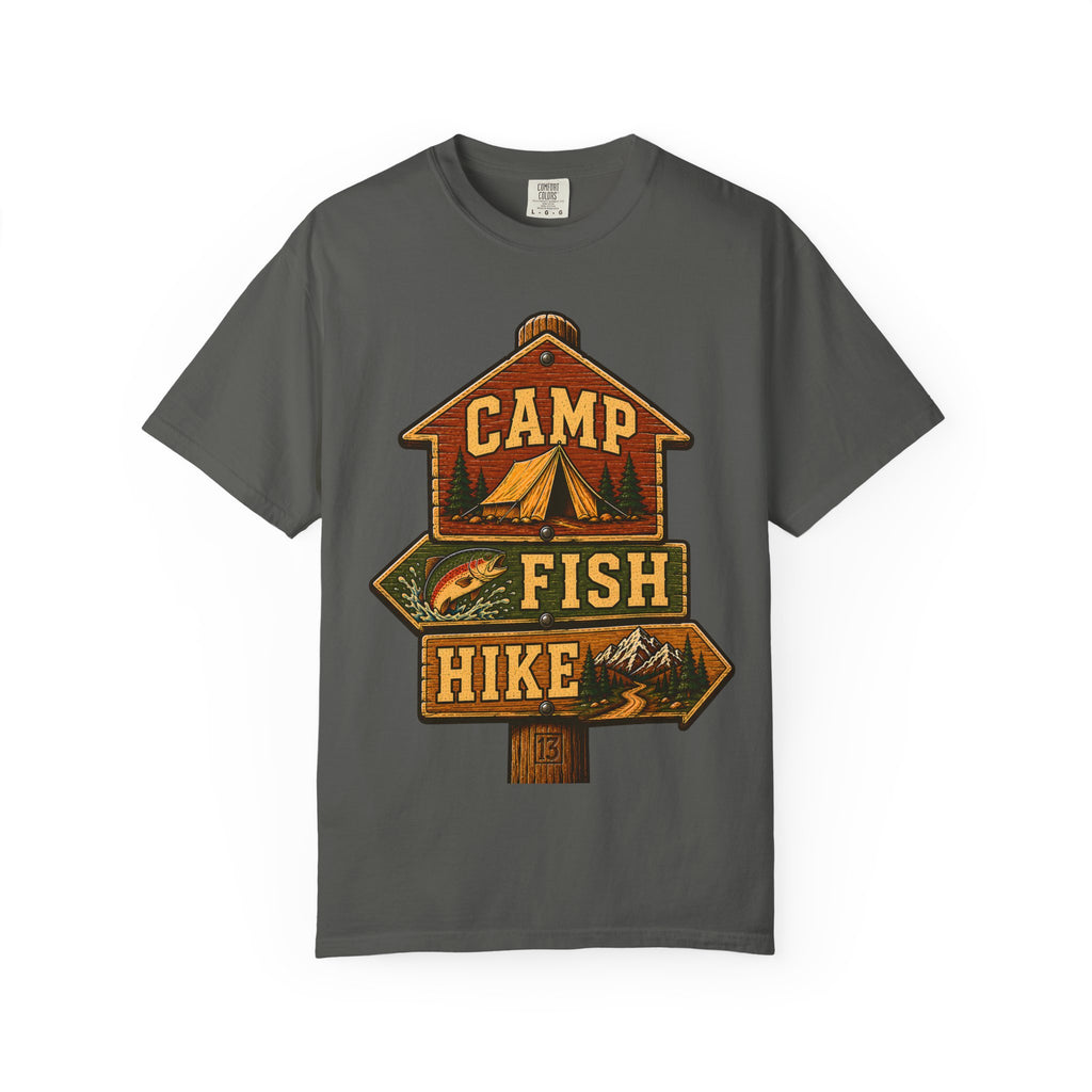 Camp Fish Hike — Vintage Trailhead Sign Outdoor Tee
