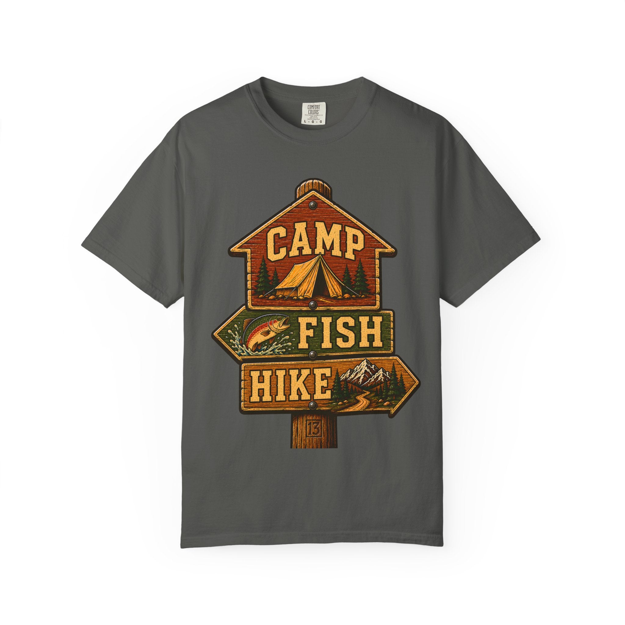 Camp Fish Hike — Vintage Trailhead Sign Outdoor Tee