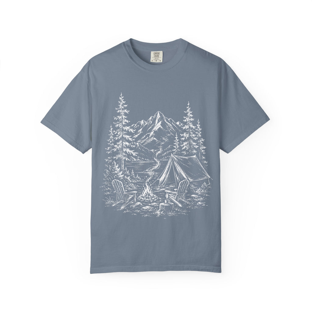 Campsite Sketch — Vintage Mountain Camp Scene Outdoor Tee