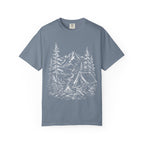 Campsite Sketch — Vintage Mountain Camp Scene Outdoor Tee