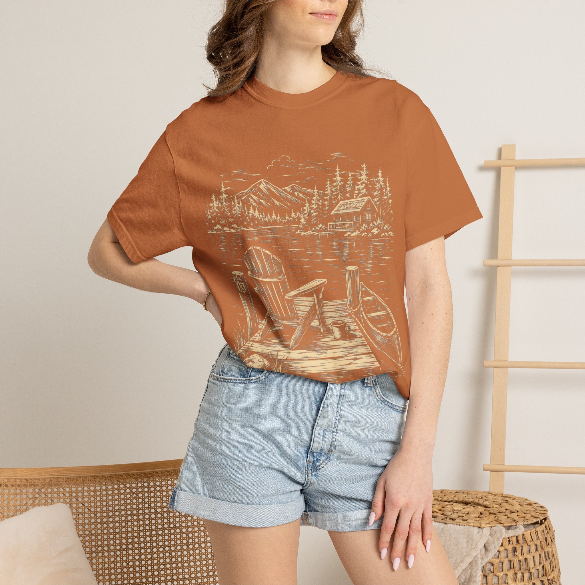 Lakeside Dock — Vintage Lake Cabin and Canoe Sketch Tee
