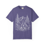 Campsite Sketch — Vintage Mountain Camp Scene Outdoor Tee
