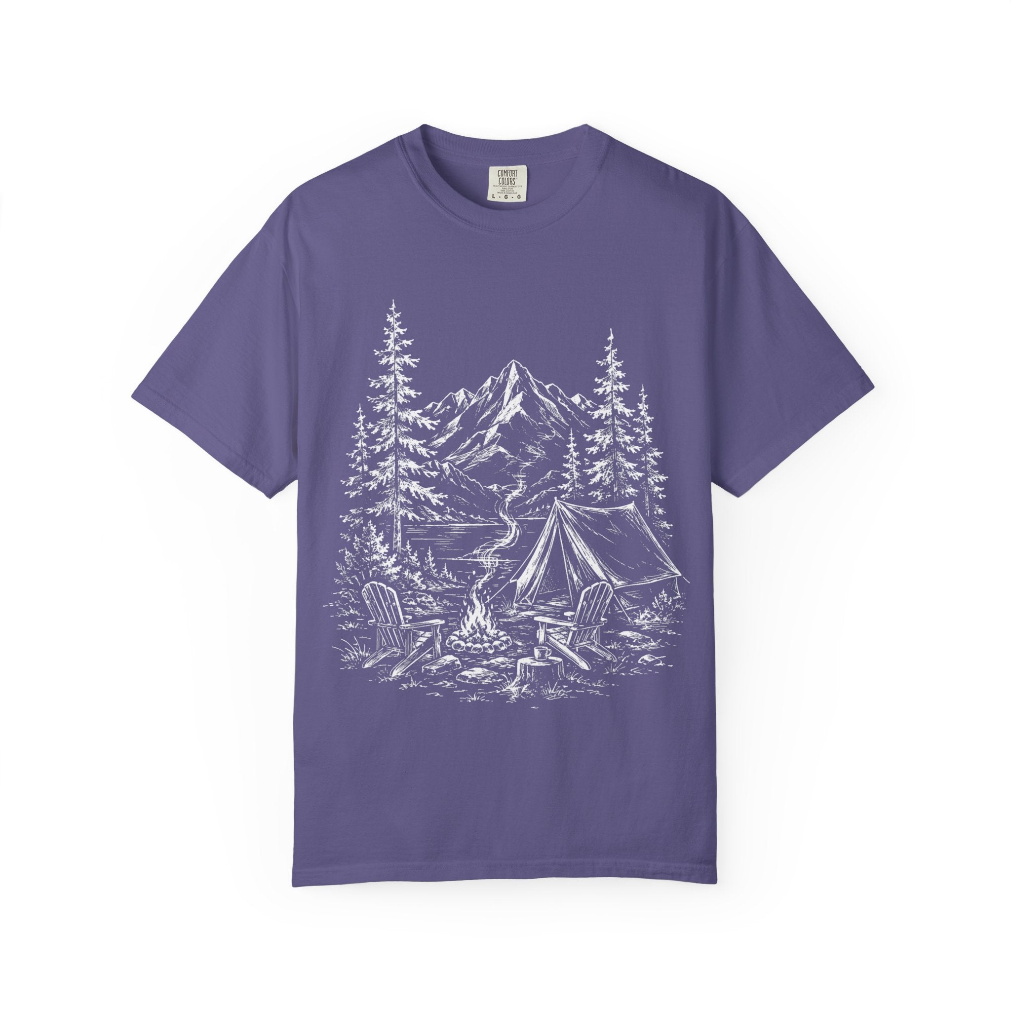 Campsite Sketch — Vintage Mountain Camp Scene Outdoor Tee