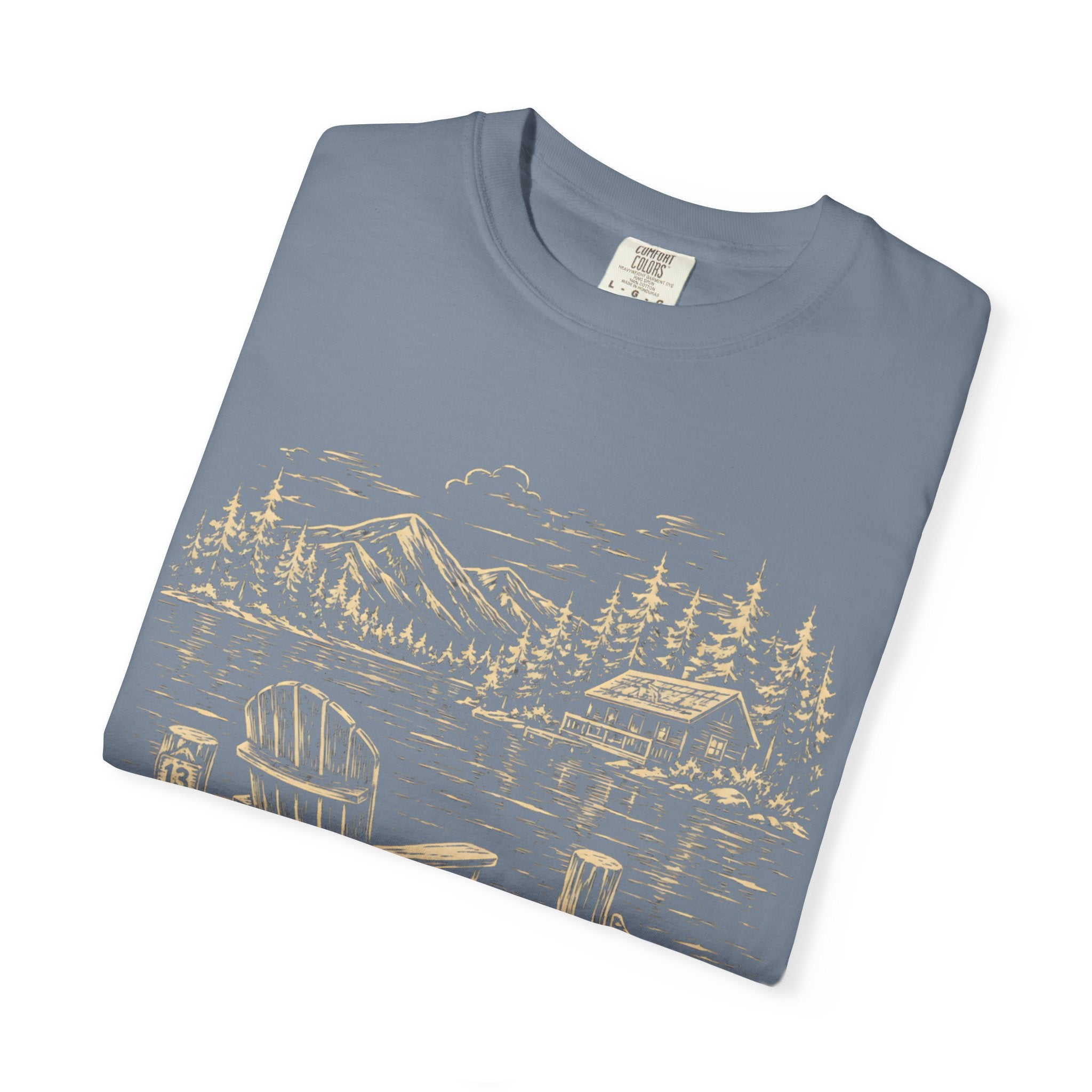 Lakeside Dock — Vintage Lake Cabin and Canoe Sketch Tee