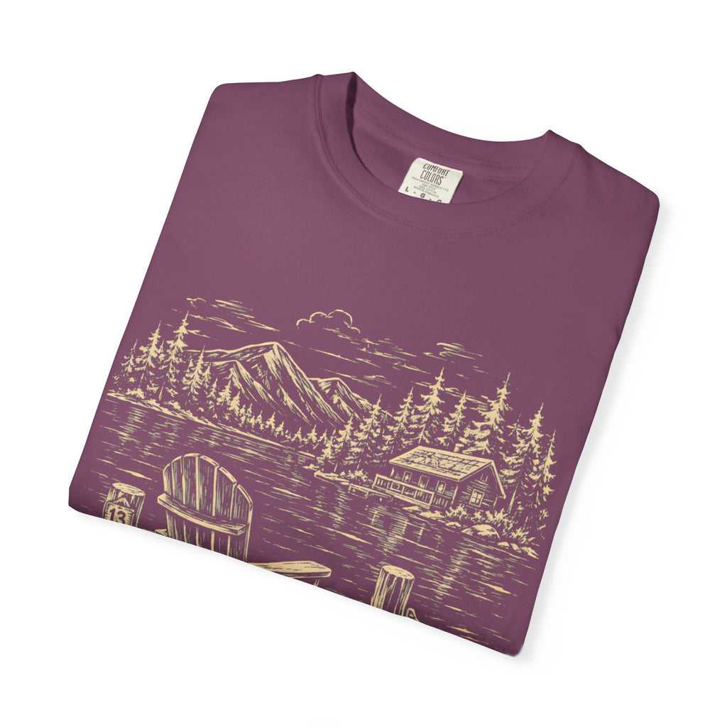 Lakeside Dock — Vintage Lake Cabin and Canoe Sketch Tee