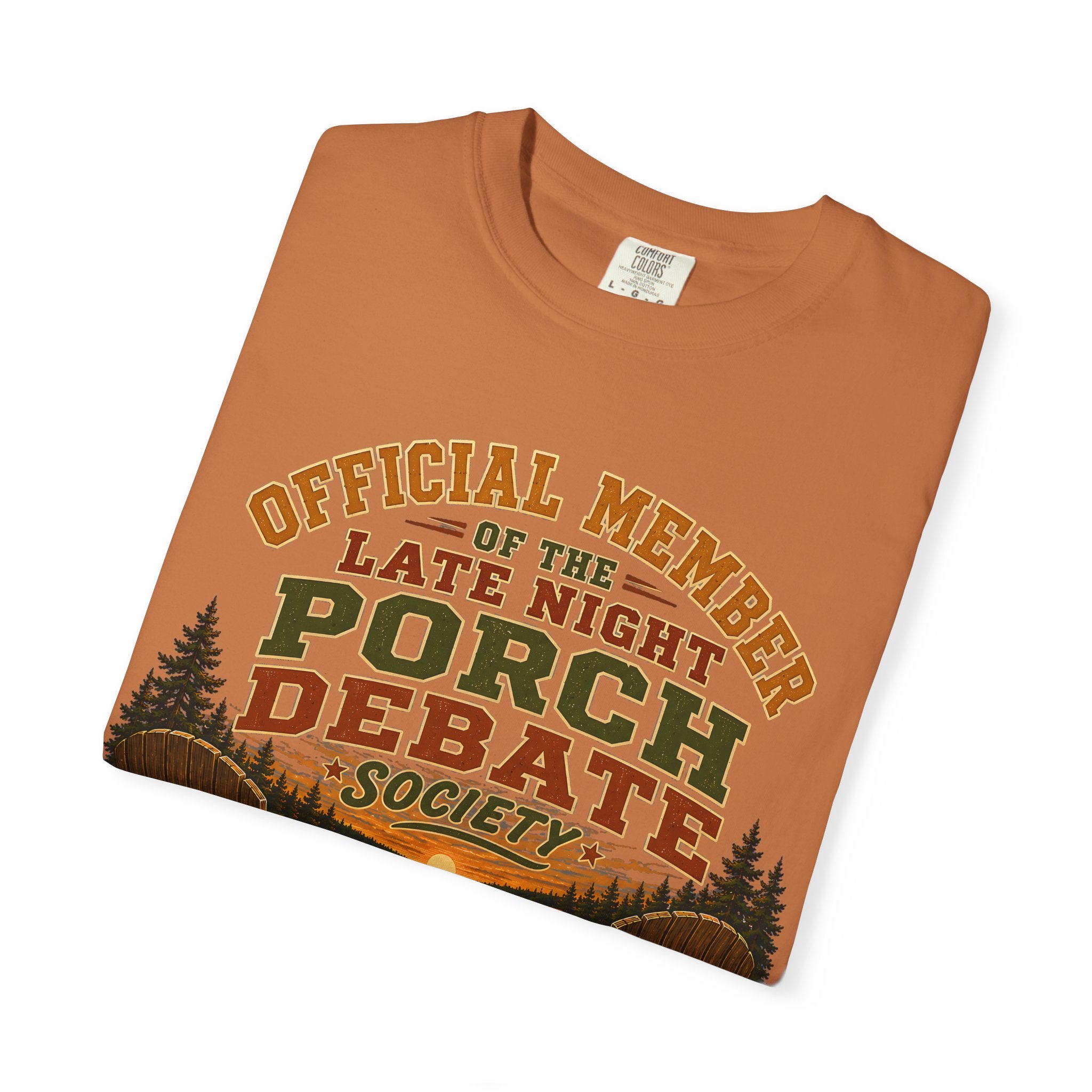 Late Night Porch Debate Society — Funny Lake Cabin Camping Tee