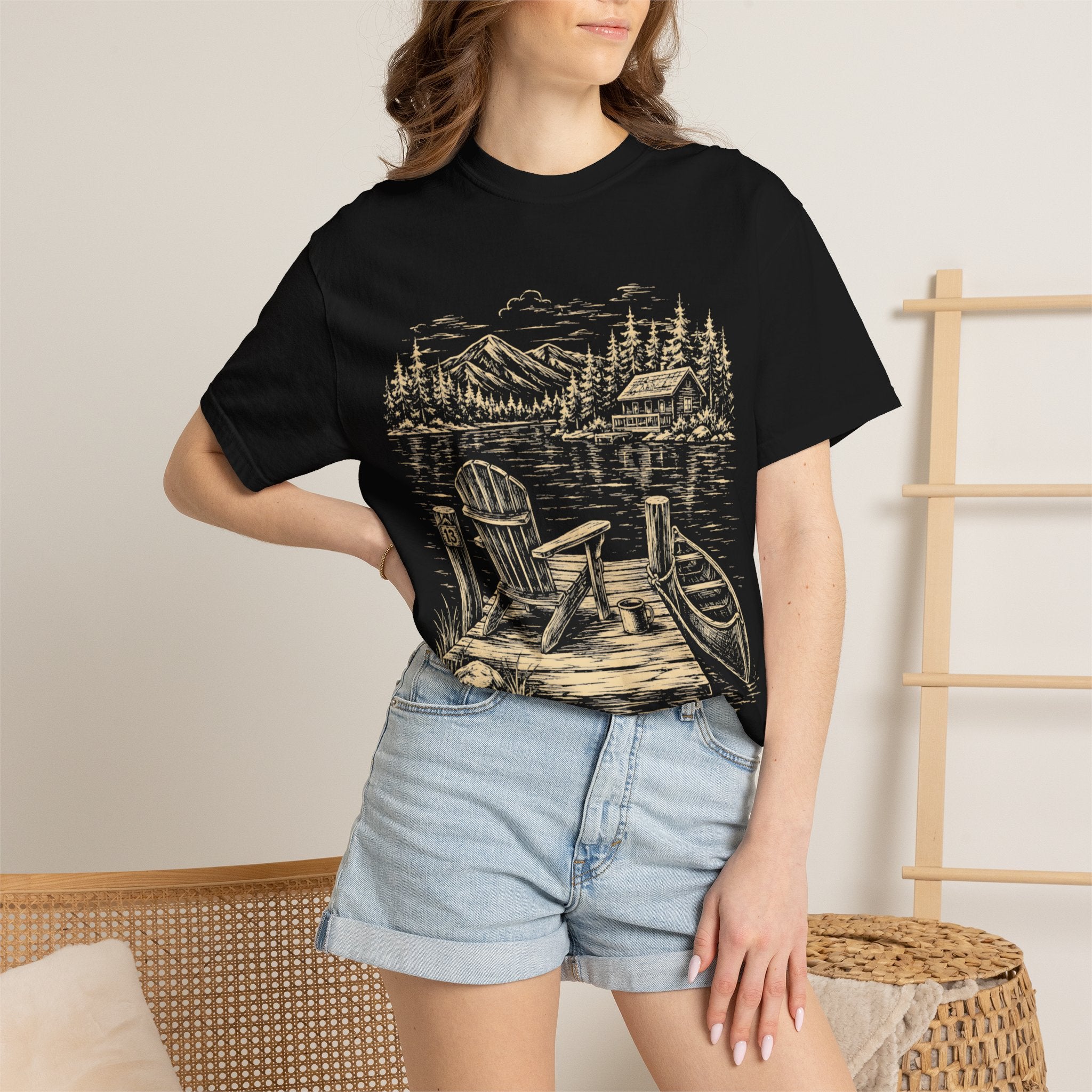 Lakeside Dock — Vintage Lake Cabin and Canoe Sketch Tee