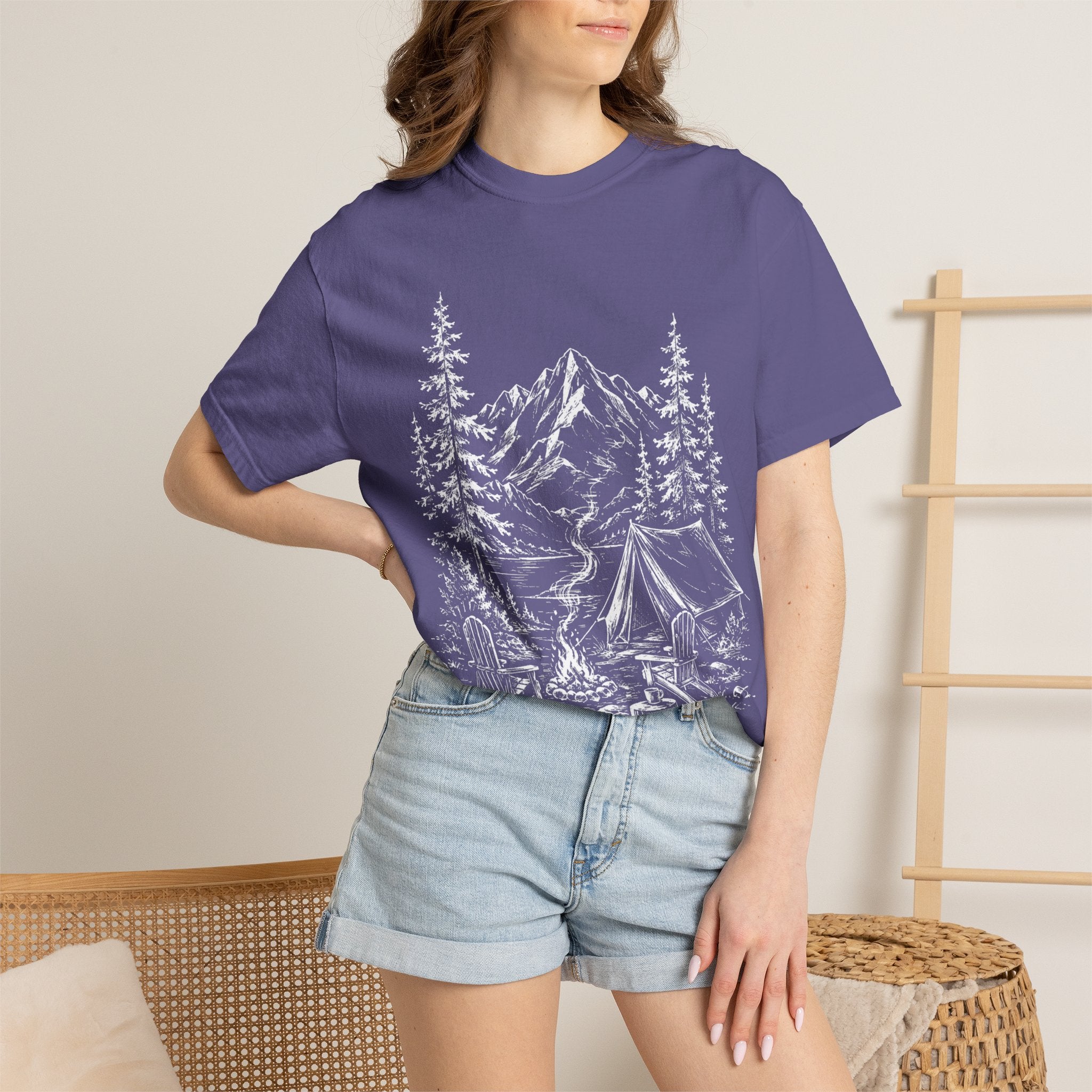 Campsite Sketch — Vintage Mountain Camp Scene Outdoor Tee